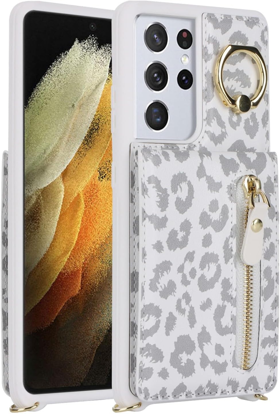 Thumbnail 2 de Zouzt Wallet Case with Cord for Samsung Galaxy S21 Ultra — White Leopard