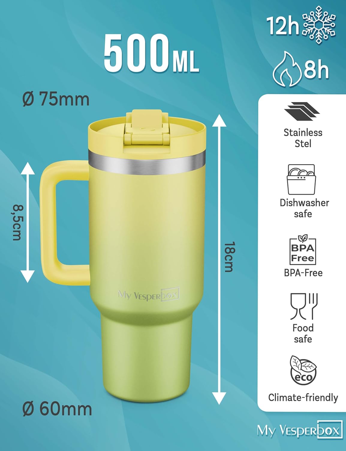 Thumbnail 1 de My Vesperbox Kinny Cup Edelstahl-Thermobecher mit Henkel & Strohhalm (500/950/1200 ml)