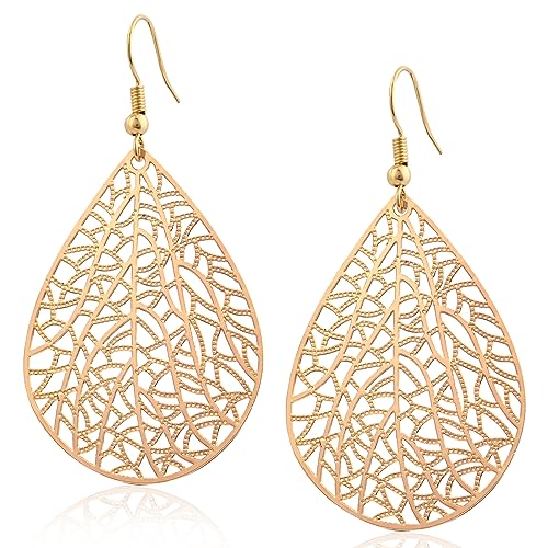 Detalle de Weviway 14K Gold Plated Teardrop Dangle Earrings – Handmade Leaf Design