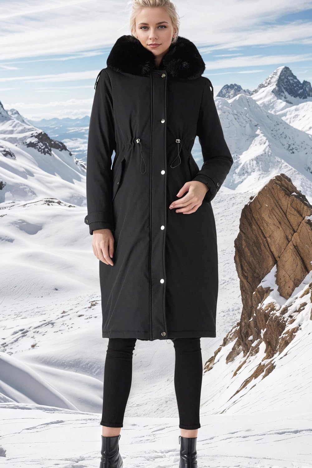 Detalle de RISISSIDA R7614 Women's Long Puffer Parka with Drawstring Waist and Fur-Trim Hood