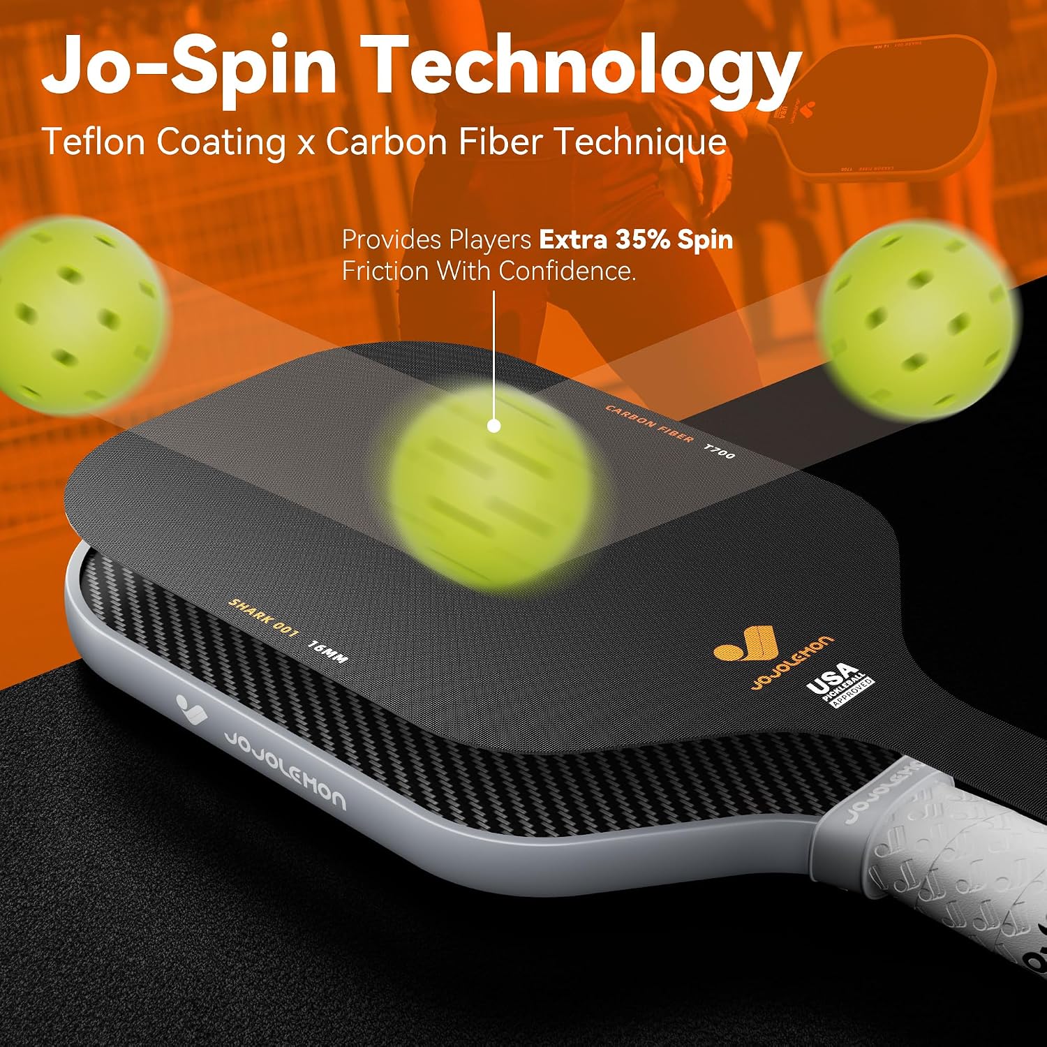 Detalle 2 de JOJOLEMON 16mm Carbon Fiber Pickleball Paddle with Shark Power Polymer Core