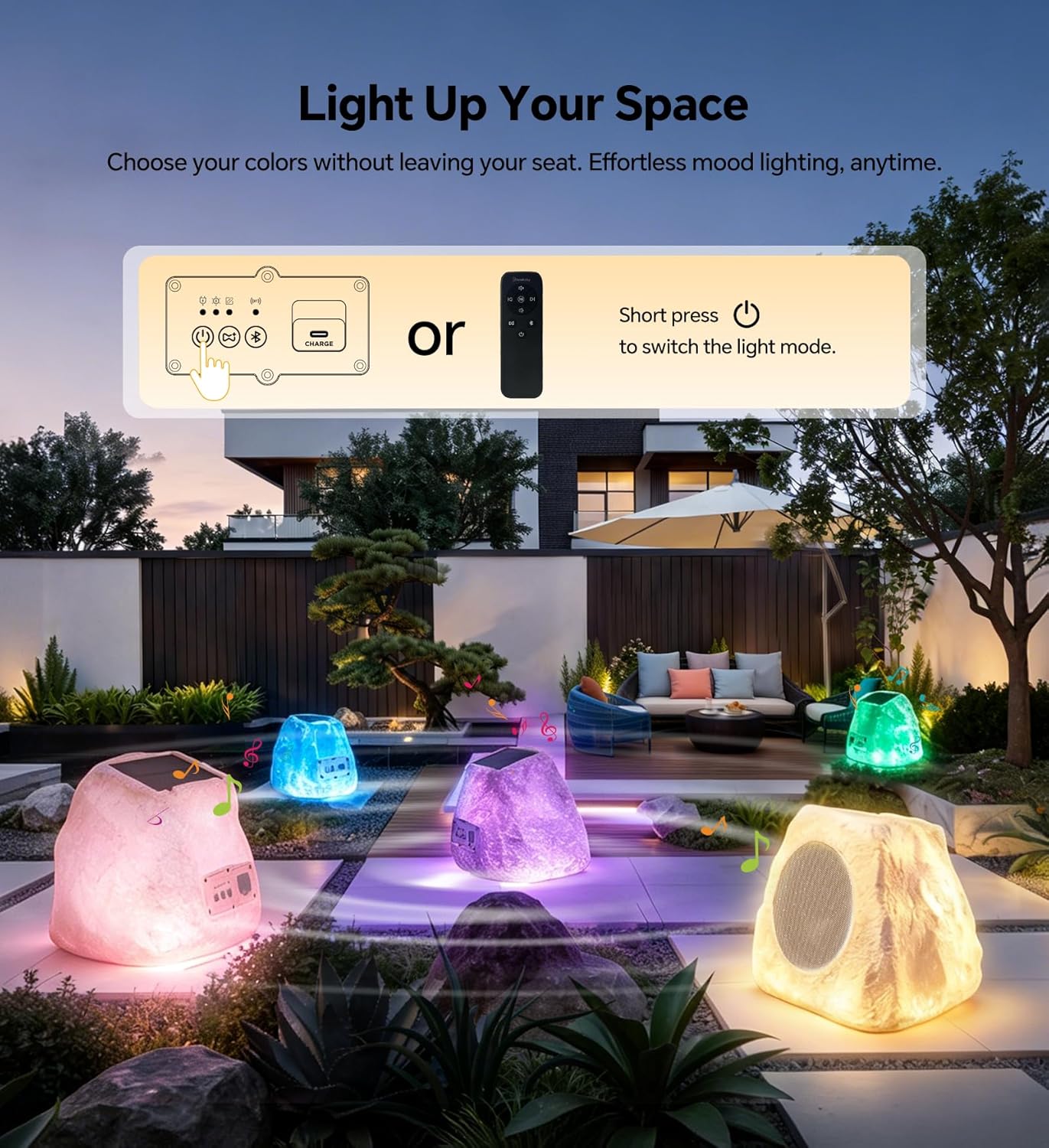 Thumbnail 3 de Upgraded Outdoor Rock Speaker 60W Deep Bass – Solar-Powered, IPX7, Dual Pack with Remote (2 Packs)