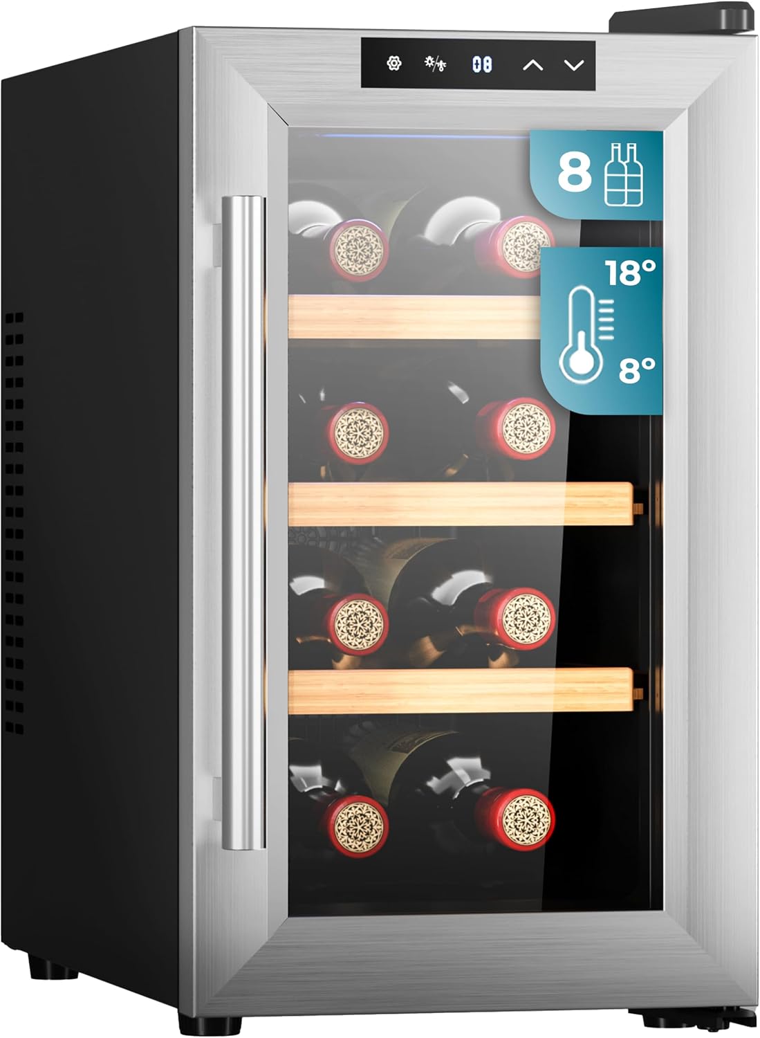 Detalle de Cecotec Vinoteca 6 Botellas Bolero GrandSommelier 600 CoolCrystal E. Estantes Metálicos – Negro