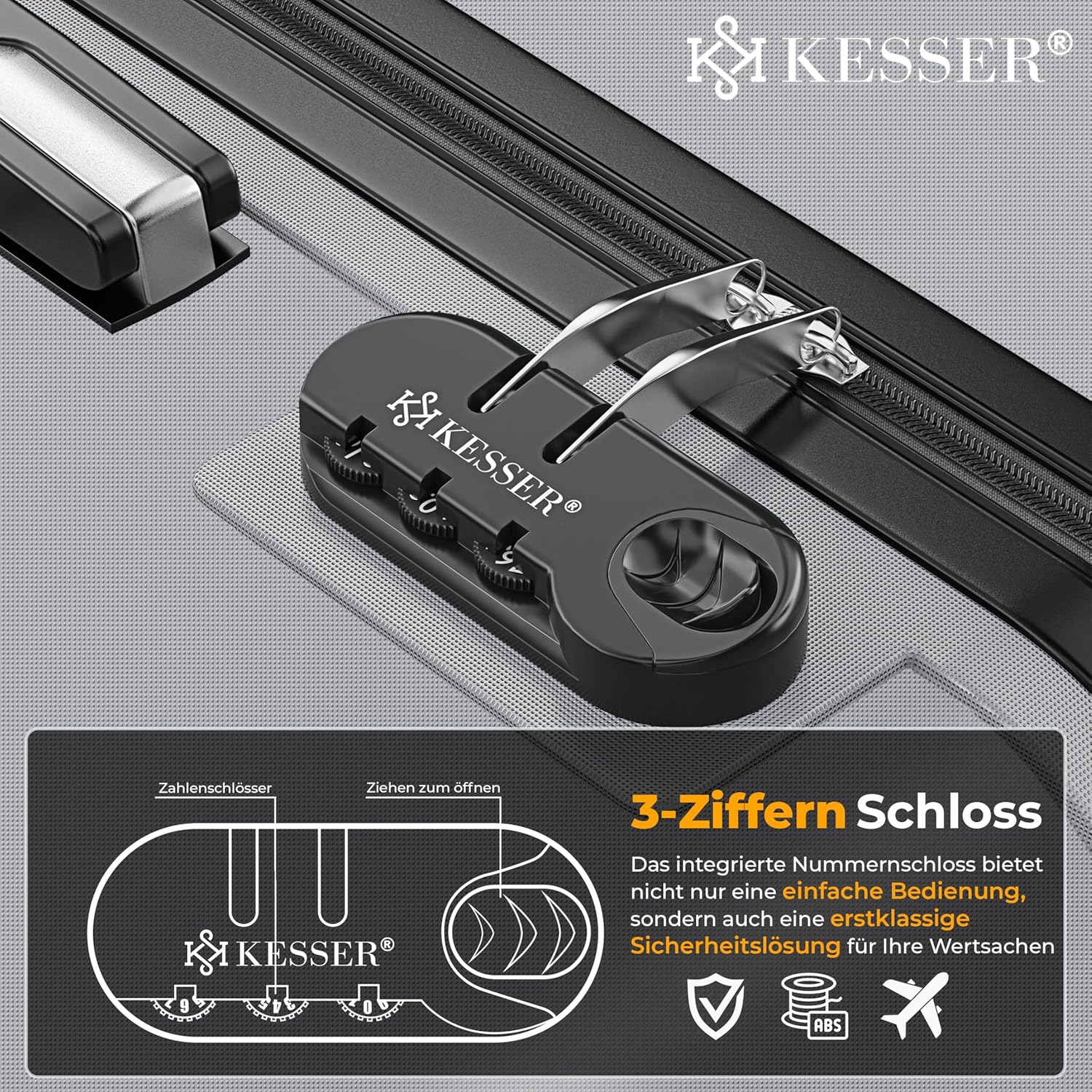 Detalle de KESSER 3tlg. Hartschalenkofferset – ABS-Hartschale, M-L-XL mit Kofferwaage, Gepäckanhänger und TSA-Schlösser