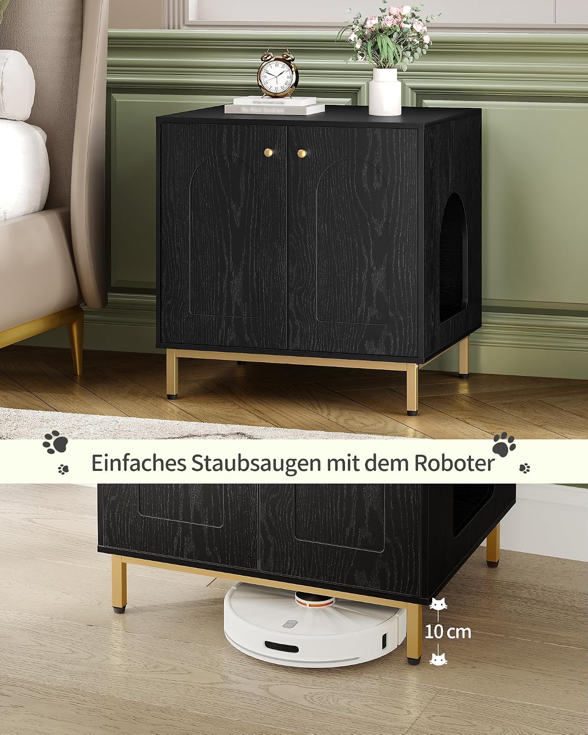 Detalle de Hzuaneri Katzenschrank CB81204G – Katzentoilette, Katzennest & Beistelltisch in Schwarz/Gold