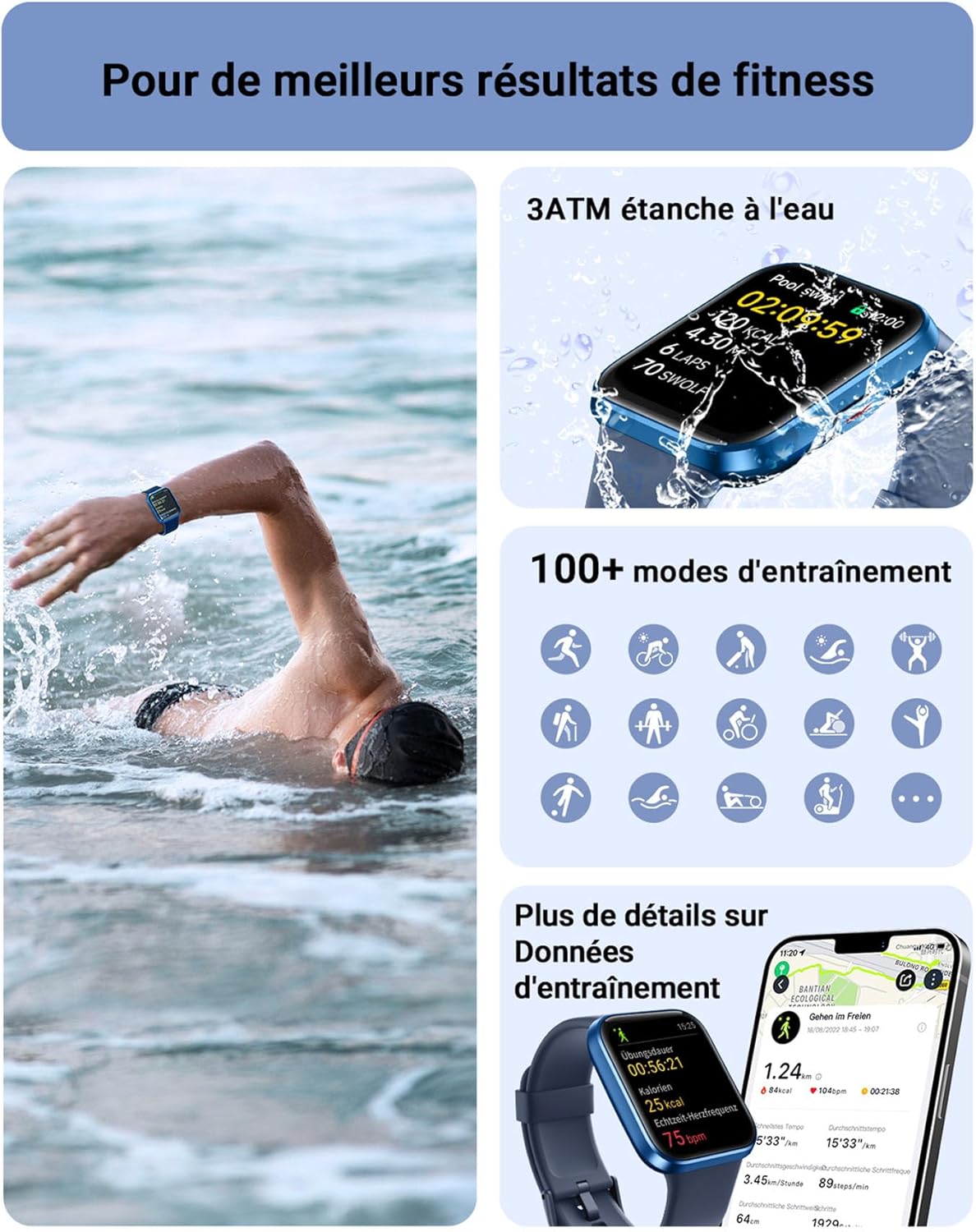 Thumbnail 4 de Smartwatch connectée Tensky Homme/Femme écran 1,85" avec Alexa intégrée, Bluetooth appels, 3ATM et suivi santé