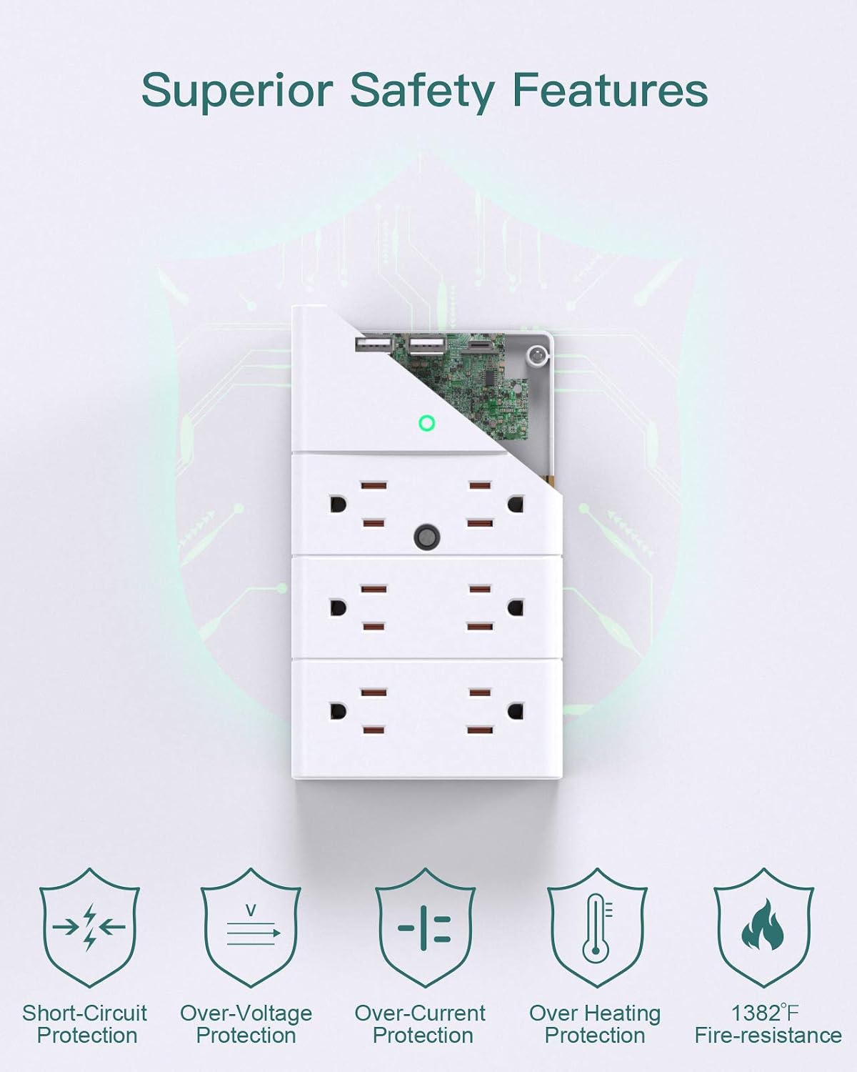 Detalle de Addtam AD5008 Wall Outlet Extender, 12 AC Outlets and 3 USB Ports