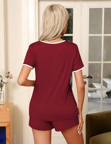 Detalle de Ekouaer Women's Two-Piece Pajama Set with Chest Pocket and Drawstring Shorts