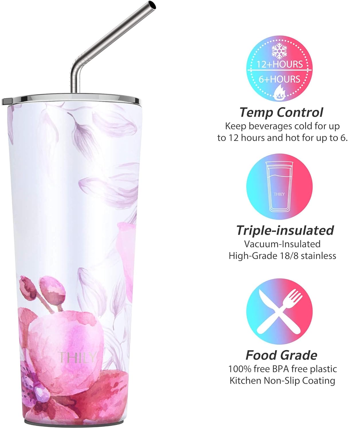 Thumbnail 2 de THILY Vakuumisolierter Edelstahlbecher 780 ml – 2er-Set Pink Ripple & Lotus Flower