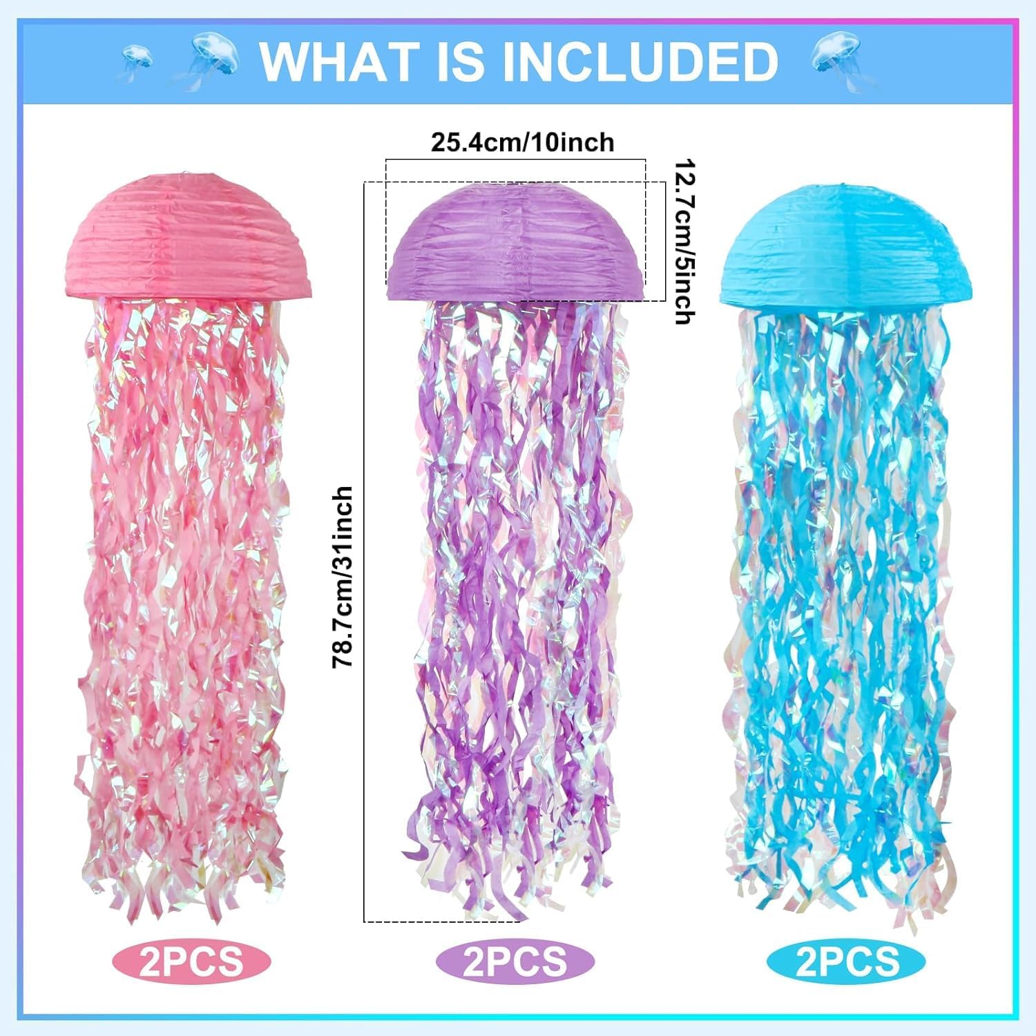 Detalle de Jellyfish Paper Lanterns Hanging Jelly Fish Paper Lanterns (6-Pack) – Pink, Purple & Blue Ocean Theme Party Decor