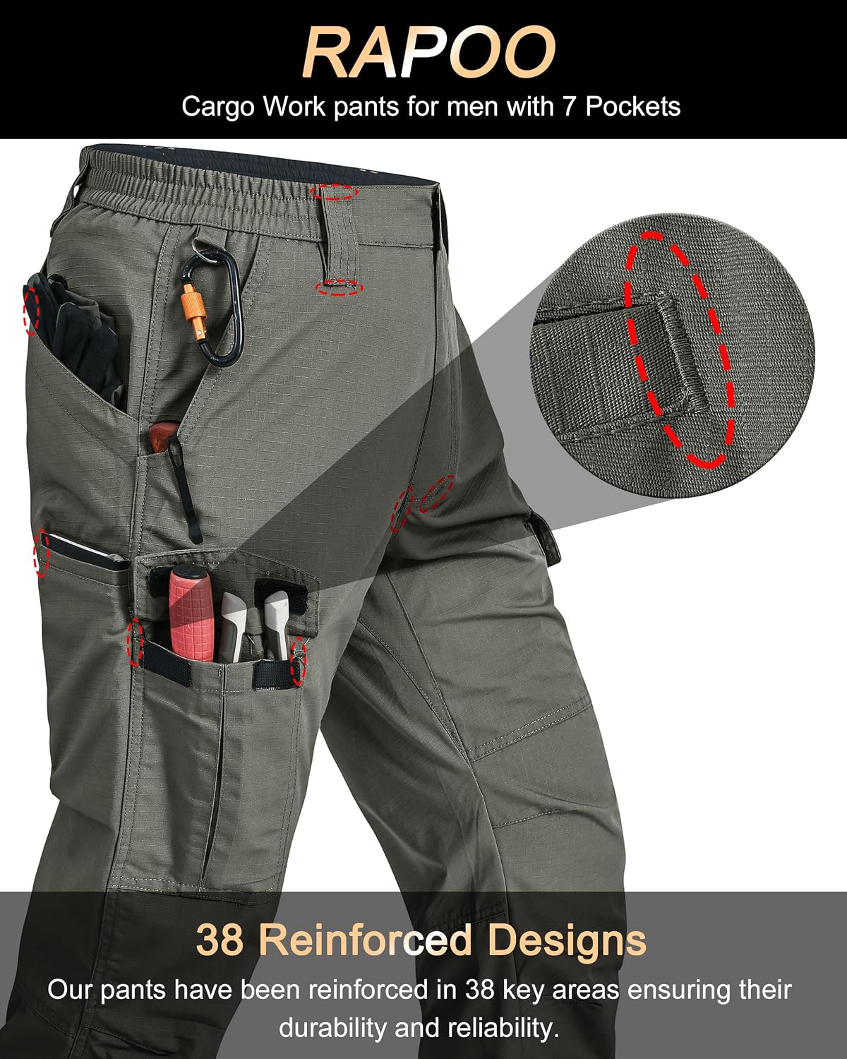 Detalle 2 de Rapoo Cargohose Herren Outdoor Workwear: Ripstop-Wandhose mit 7 Taschen