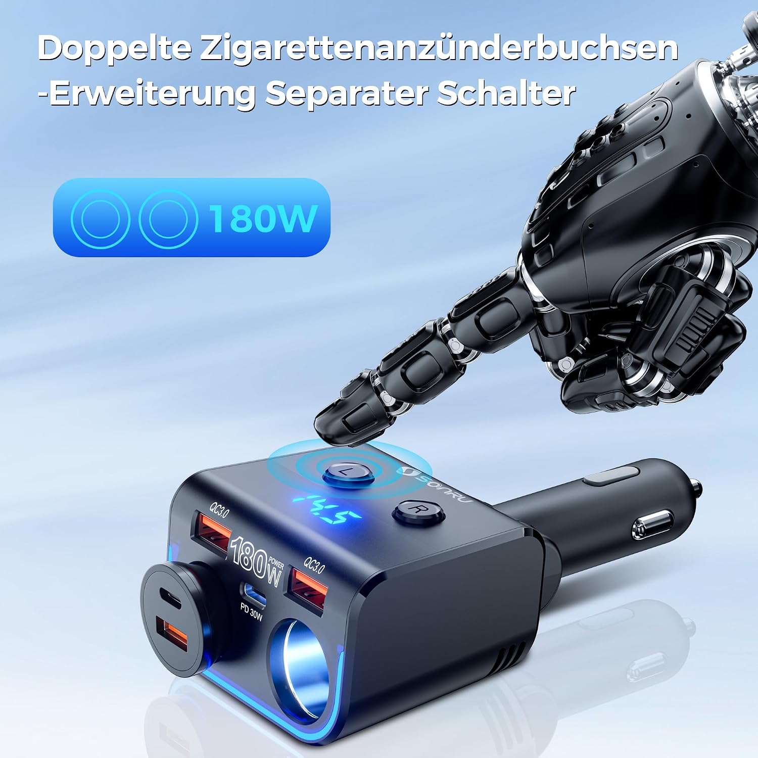 Thumbnail 4 de SONRU180W Zigarettenanzünder Verteiler 5 in 1 – 24/12 V Auto Ladegerät mit zwei USB-C Schnellladeanschlüssen