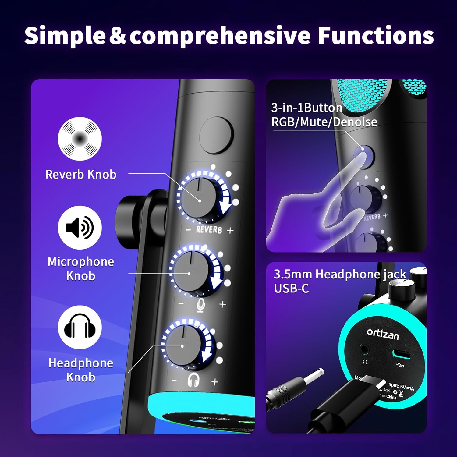 Detalle de Microphone USB pour jeu et podcast Ortizan : voix claire, réduction de bruit et monitoring 3,5 mm