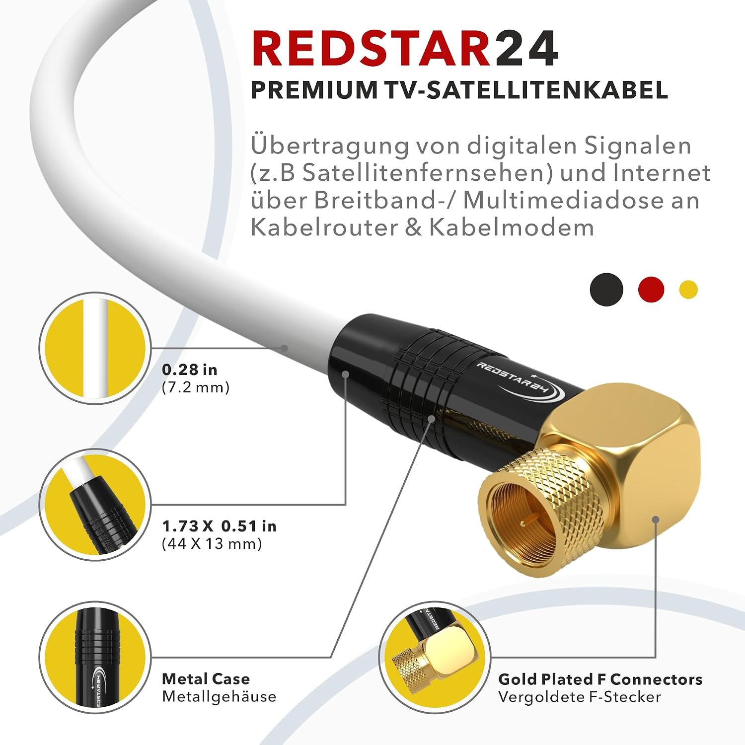 Detalle de RedStar24 3m SAT Antennenkabel – Koaxialkabel mit 135 dB Abschirmung, 90° F-Stecker, Weiß