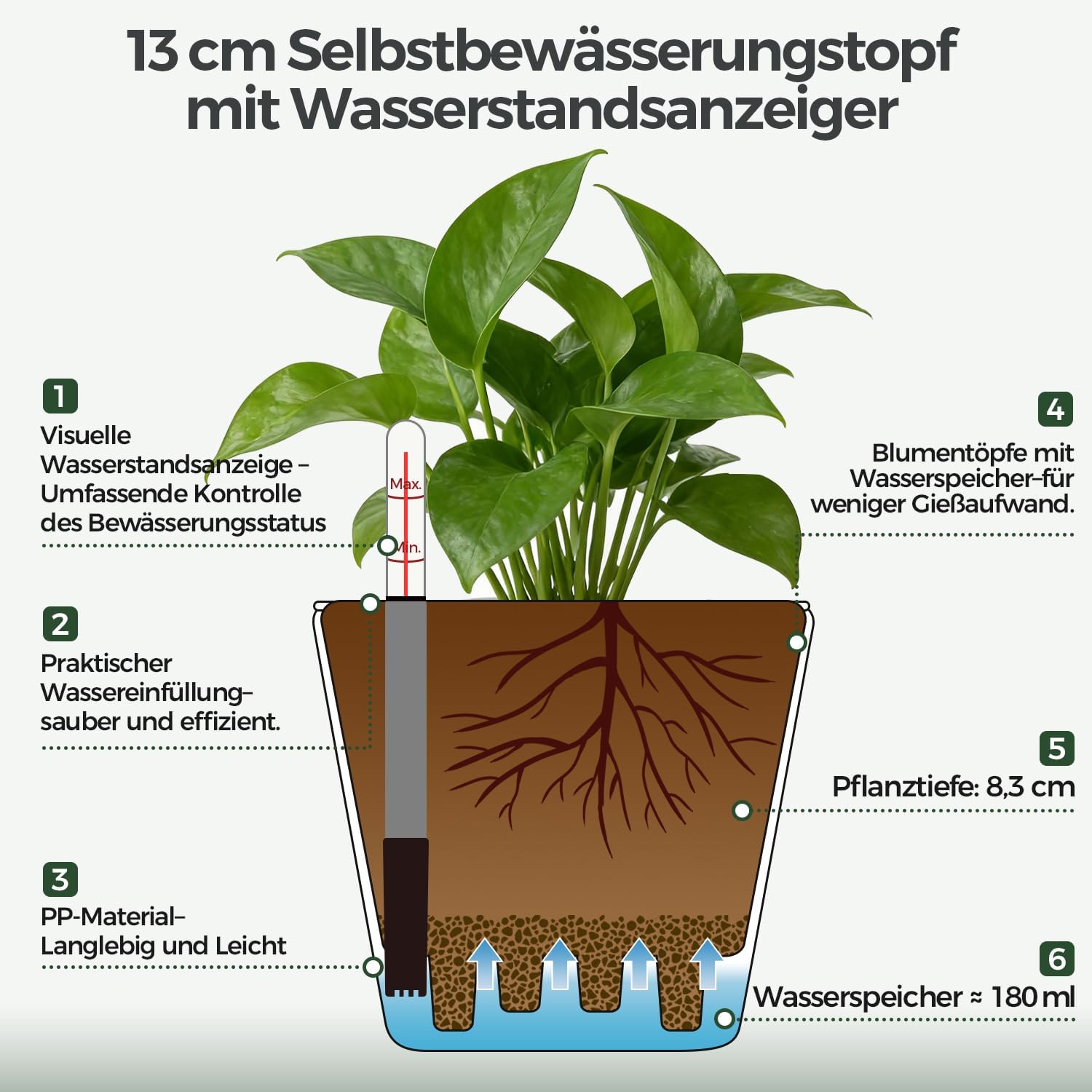 Detalle 2 de T4u 3er-Set eckige Selbstbewässerungstopfe (12,5 cm) mit Wasserstandsanzeige in Grau