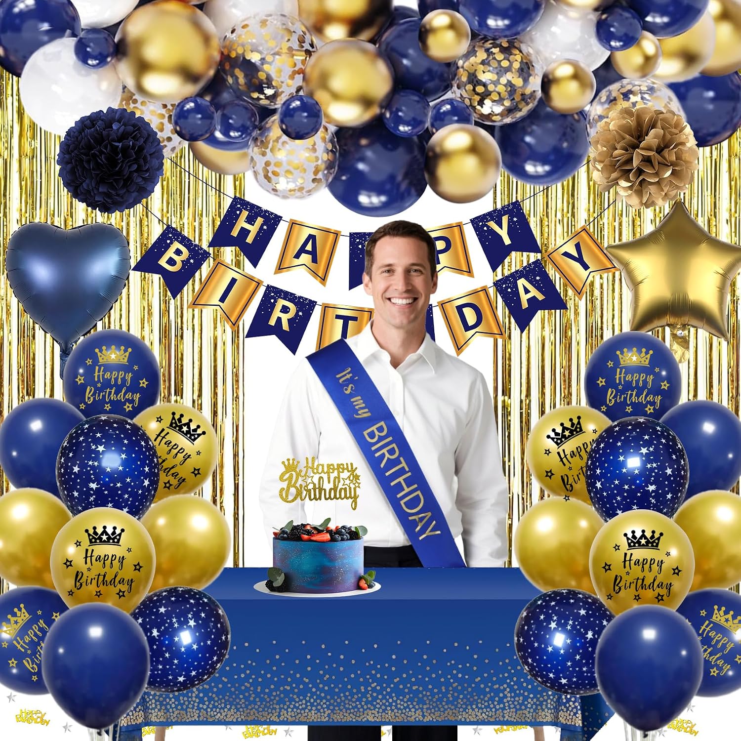 Thumbnail 5 de Navy Blue and Gold Birthday Decorations 274x137cm tablecloth