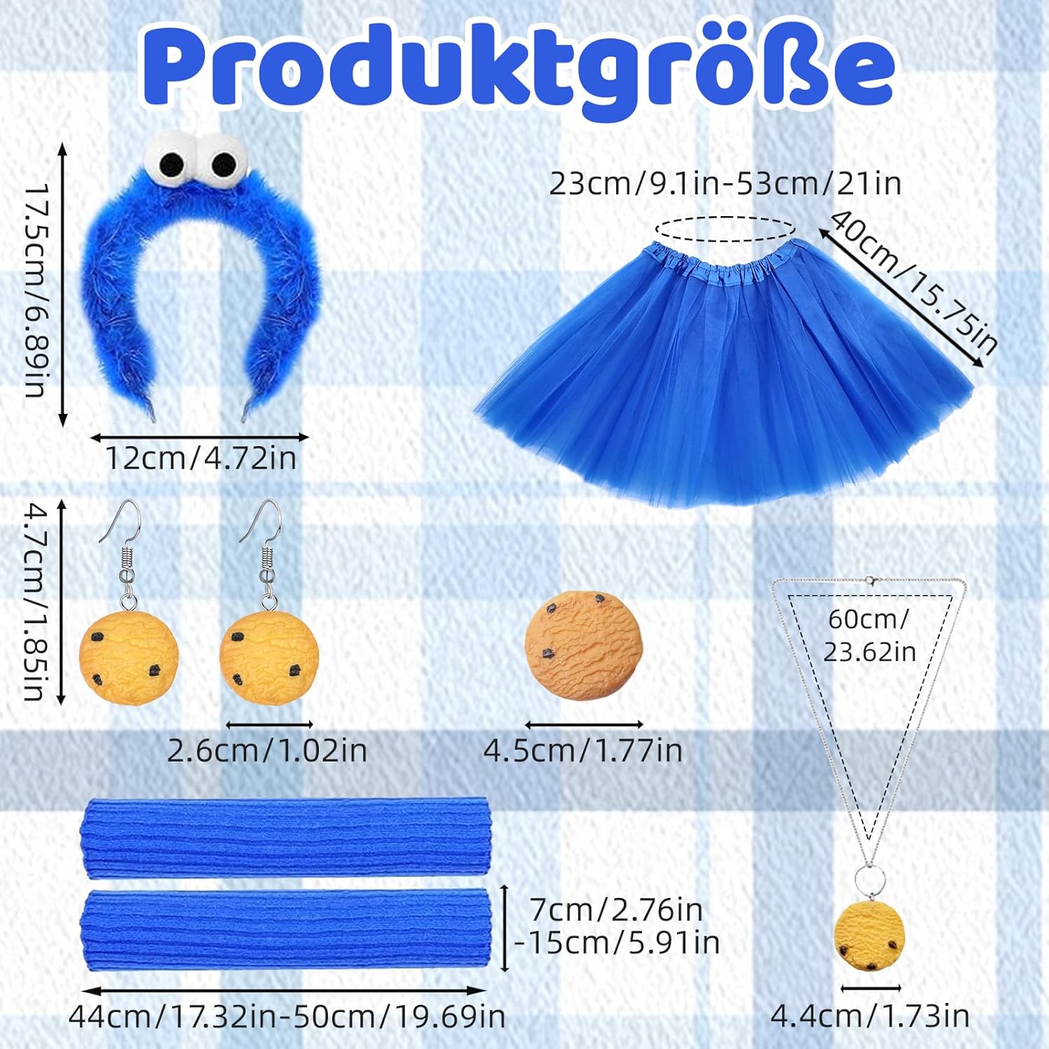 Thumbnail 1 de WanderGo Kekse Monster Kostüm – 8-tlg. Muppets-Zubehör mit blauer Tüllrock, Stulpen & Haar-Accessoires