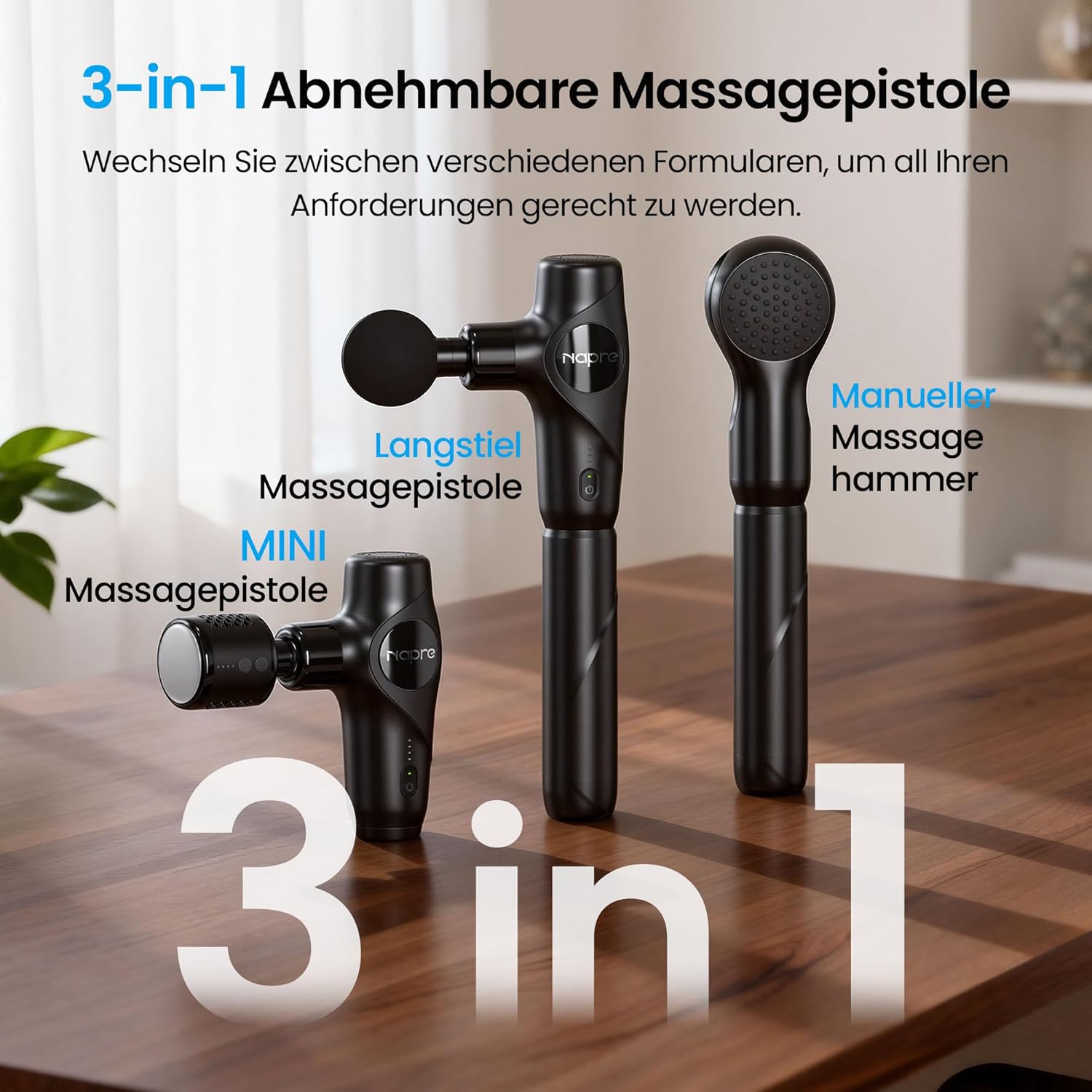 Thumbnail 1 de NAPRE 3-in-1 Mini Massagepistole mit Wärme & Kälte, abnehmbare Verlängerung, ultra-leise, 5 Köpfe & Koffer