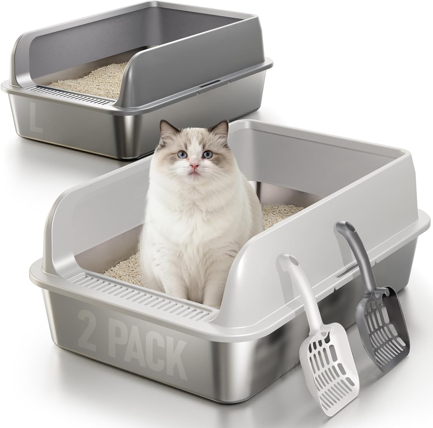 Detalle de Fusblom 2 Pack Stainless Steel Cat Litter Tray with Scoops – Large/Multi-Cat, 60×40×21cm, Dark Grey & Light Grey