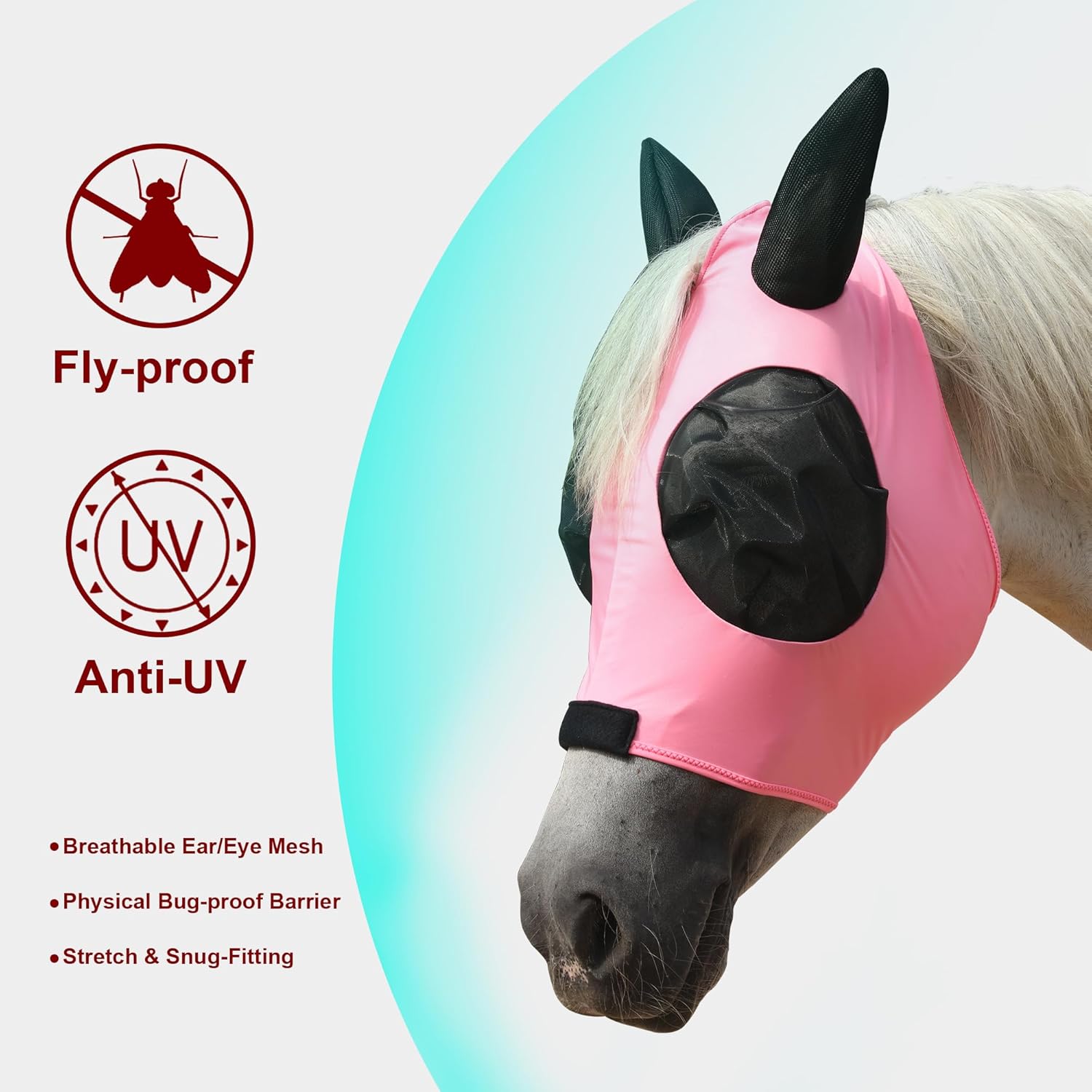 Detalle de Leberna Horse Fly Mask with Ears – Smooth, Elastic, UV Protected (Pink, Cob)