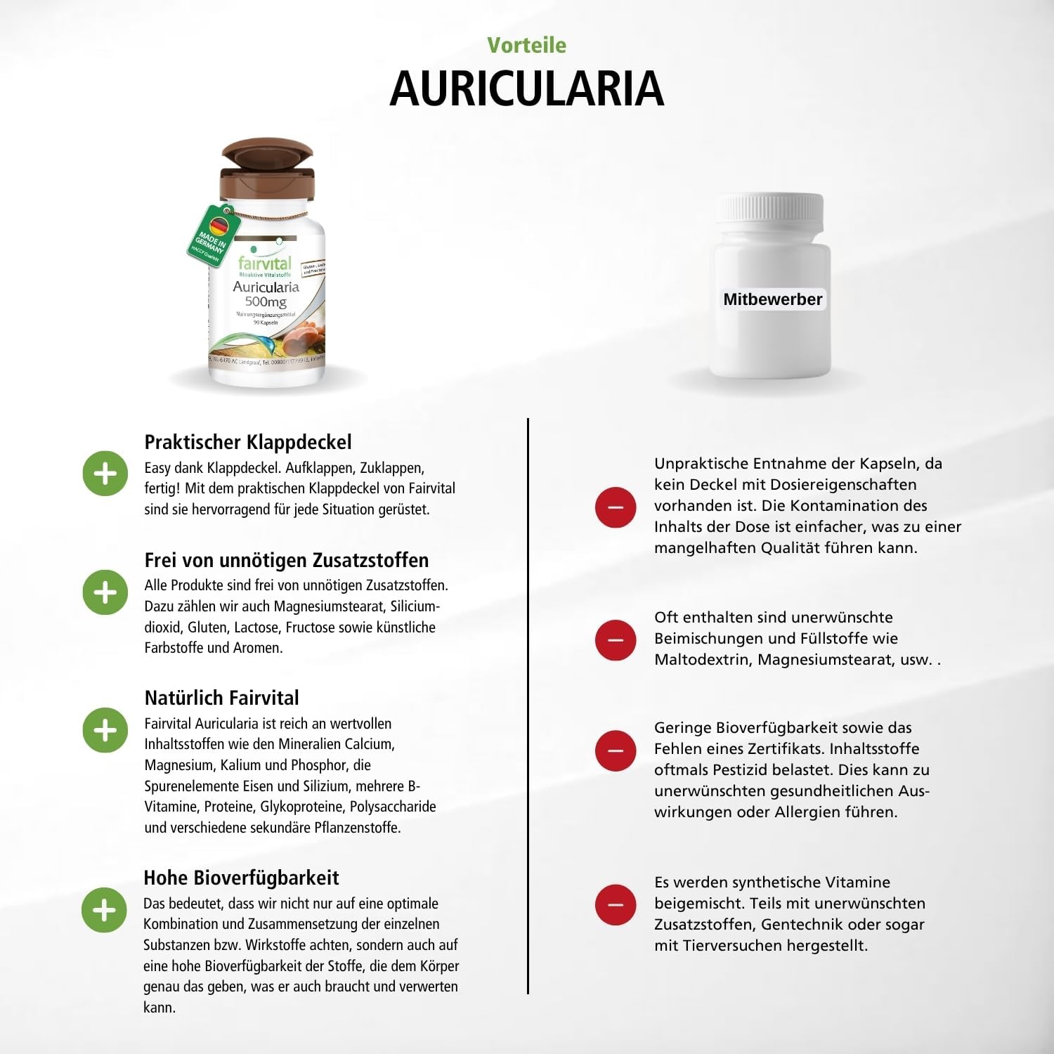 Detalle de Fairvital Auricularia 500mg Kapseln – Hochdosiert, vegan, 90 Stück