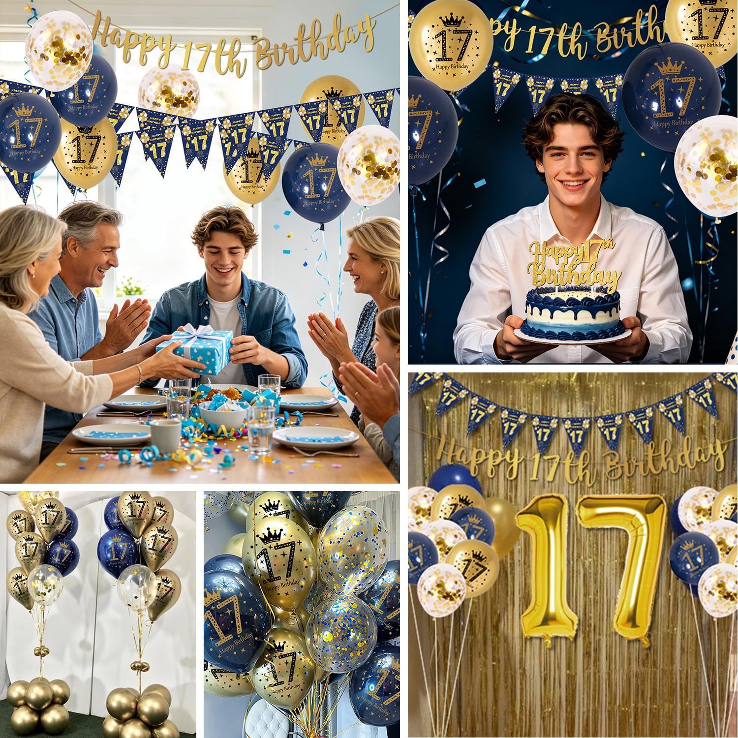 Thumbnail 5 de 17th Birthday Decorations: Navy Blue & Gold Banner Kit for Boys