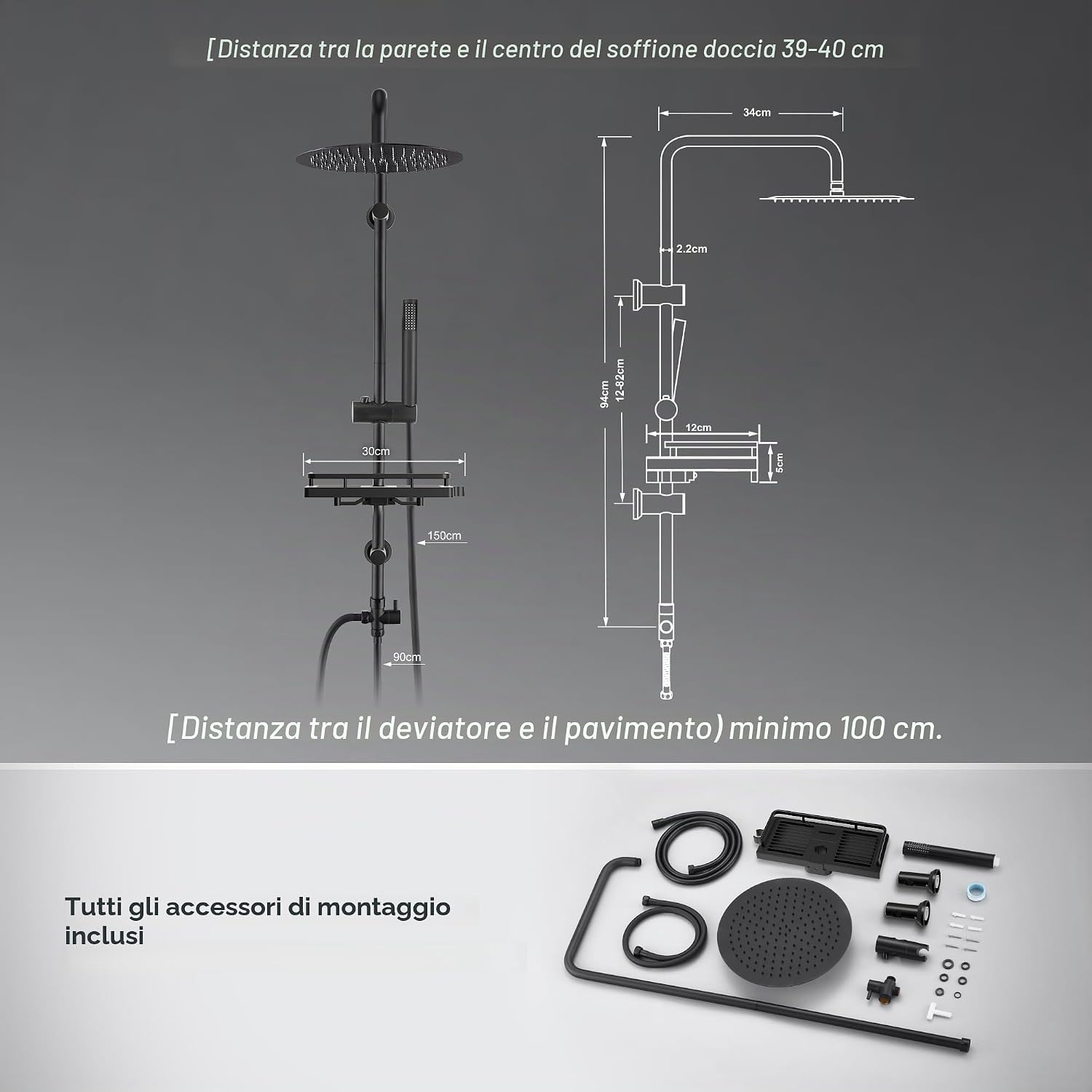 Thumbnail 5 de Görbach Colonna Doccia in Acciaio Inox con Soffione a Pioggia, Doccetta, Mensola e Deviatore – Setup Senza Miscelatore