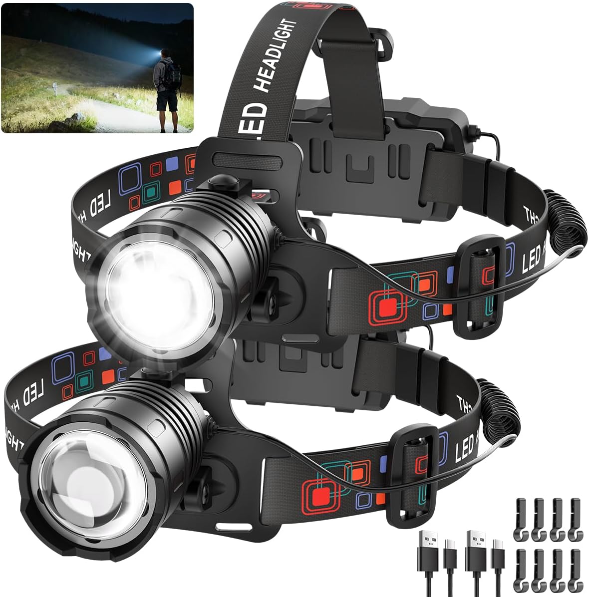 Detalle de UUYEE LT01 Rechargeable LED Headlamp 2-Pack, 3,000 Lumens, Adjustable Focus