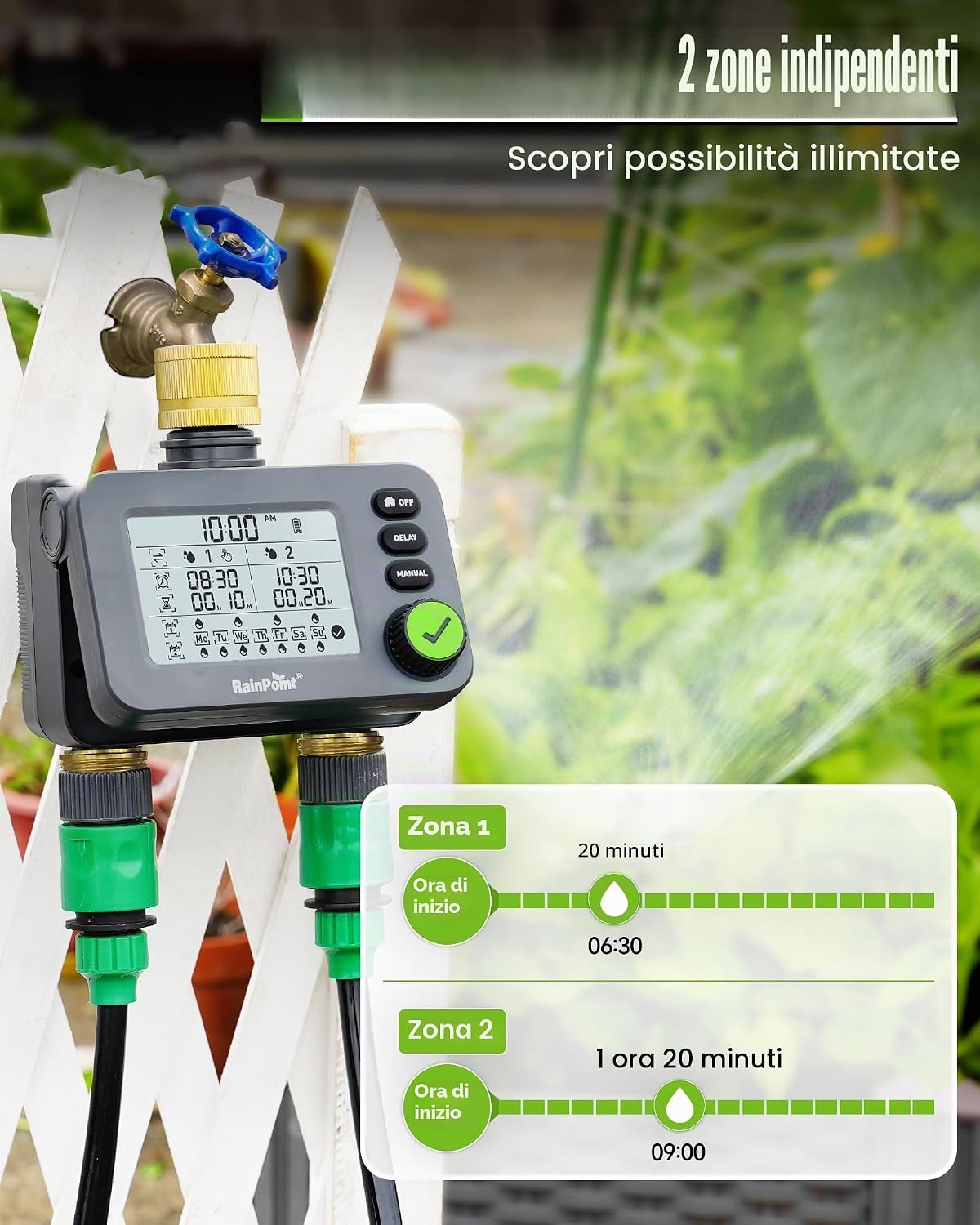 Detalle 2 de RAINPOINT Centralina irrigazione con 2 uscite, timer con ritardo pioggia, IP54 e LCD grande (ingresso/uscita in ottone)