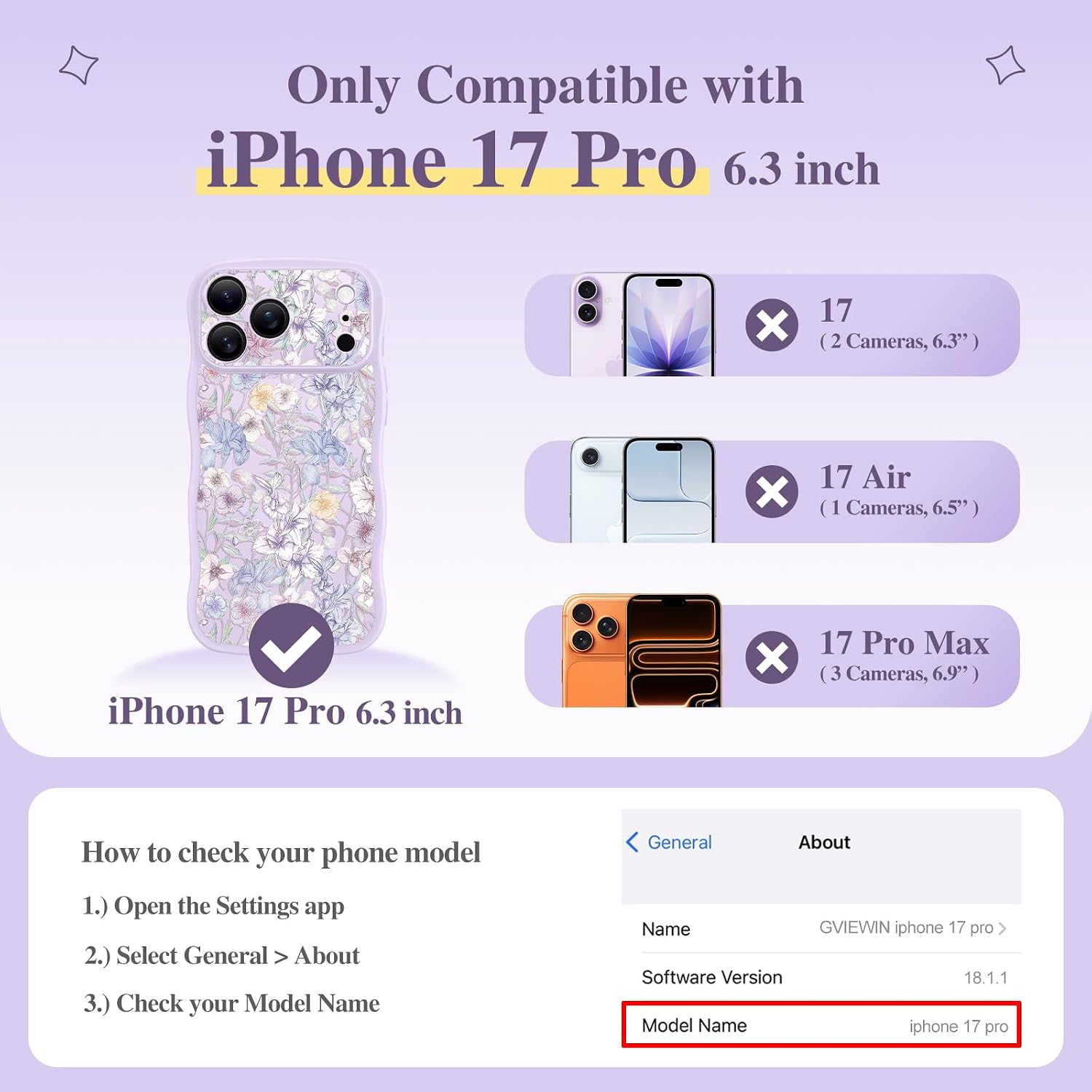 Detalle 2 de GVIEWIN for iPhone 17 Pro Case with MagSafe — Curly Wave Edge, Full Camera Protection, Floral Translucent Shockproof
