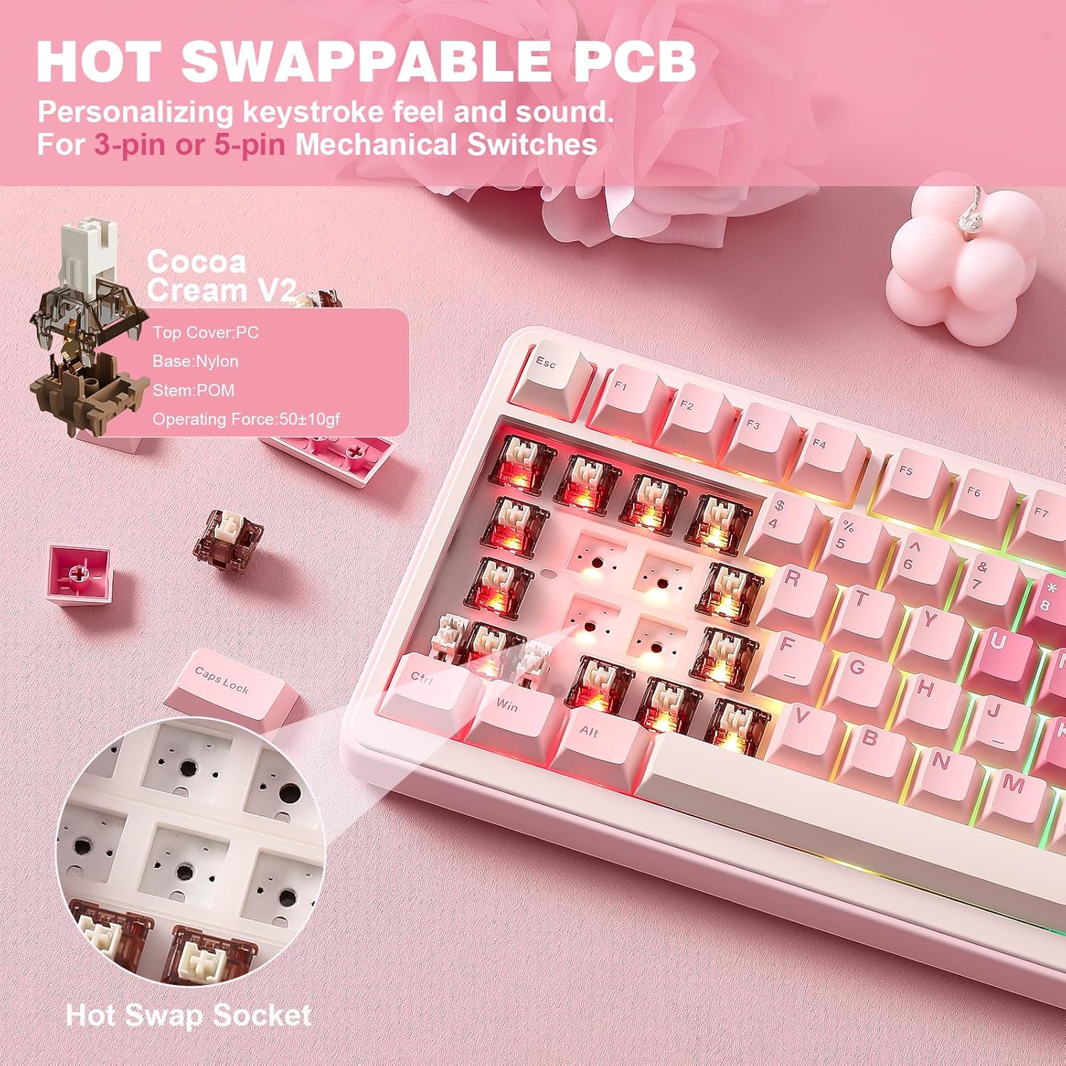 Detalle de YUNZII B75 PRO 75% mechanische Tastatur kabellos (BT/2.4G/Type-C) mit Hot Swap und Drehknopf