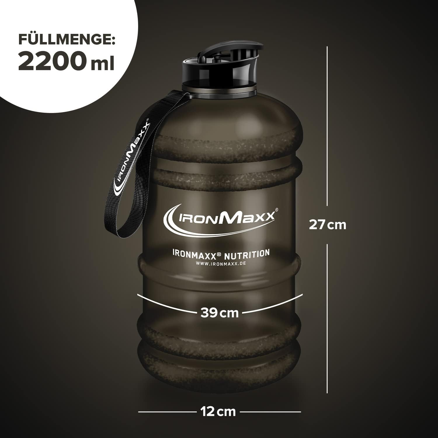 Thumbnail 3 de IronMaxx Water Gallon Frosted Black 2200ml – BPA/DEHP-frei, auslaufsicher & mit Tragegriff