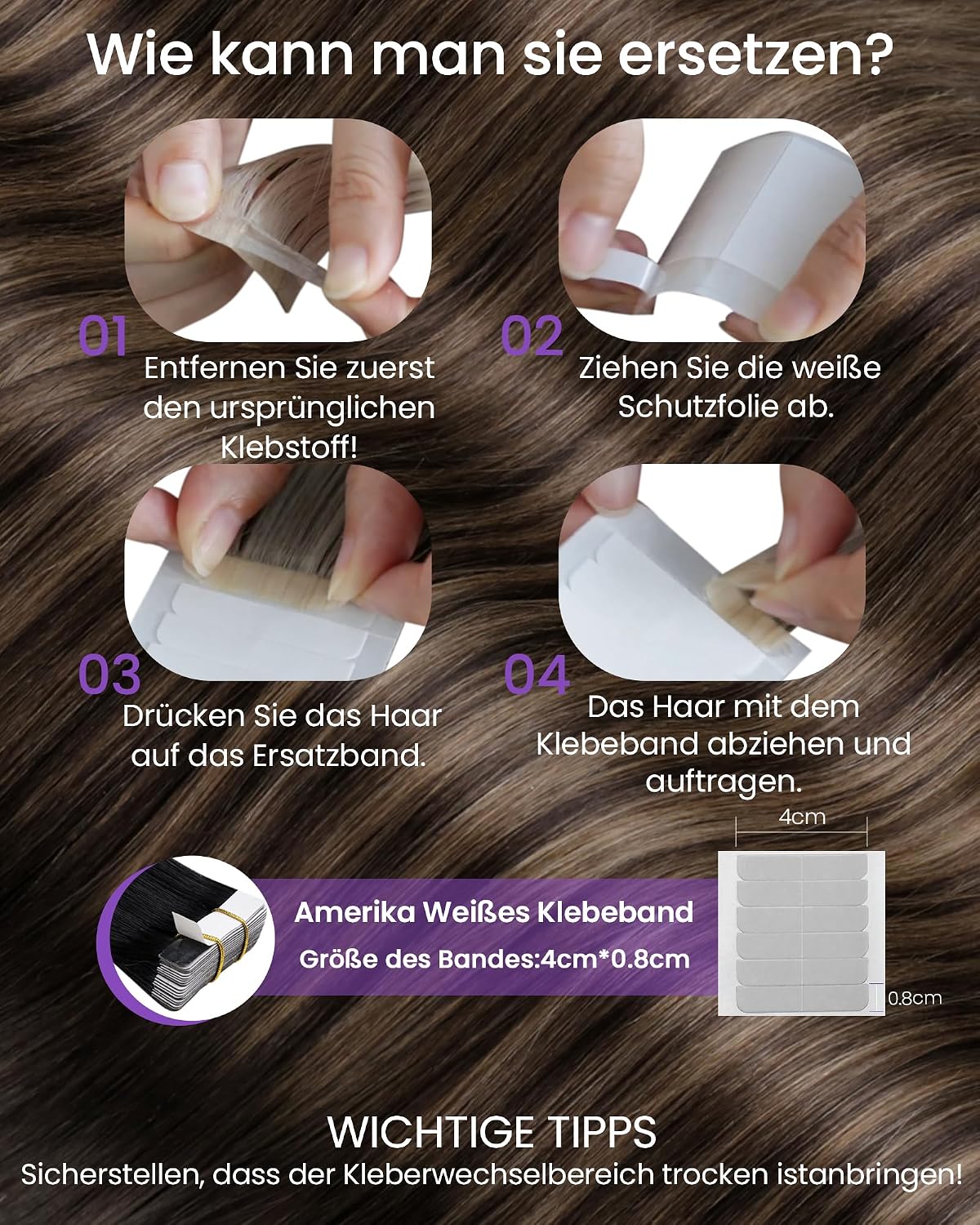 Thumbnail 4 de LaaVoo Tape-in Echthaar-Extension Balayage „Braun“ dunkelbraun/hellbraun (30 cm, 30 g, 20 Stück) #2/8/2