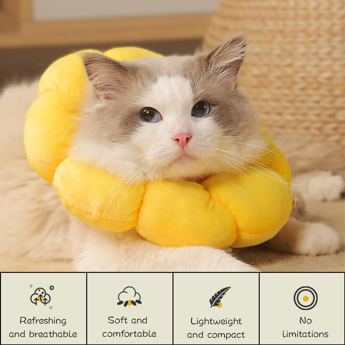 Detalle de Wishstar Halskrause Katze Größe S – weicher Leckschutz im Sonnenblumen-Design