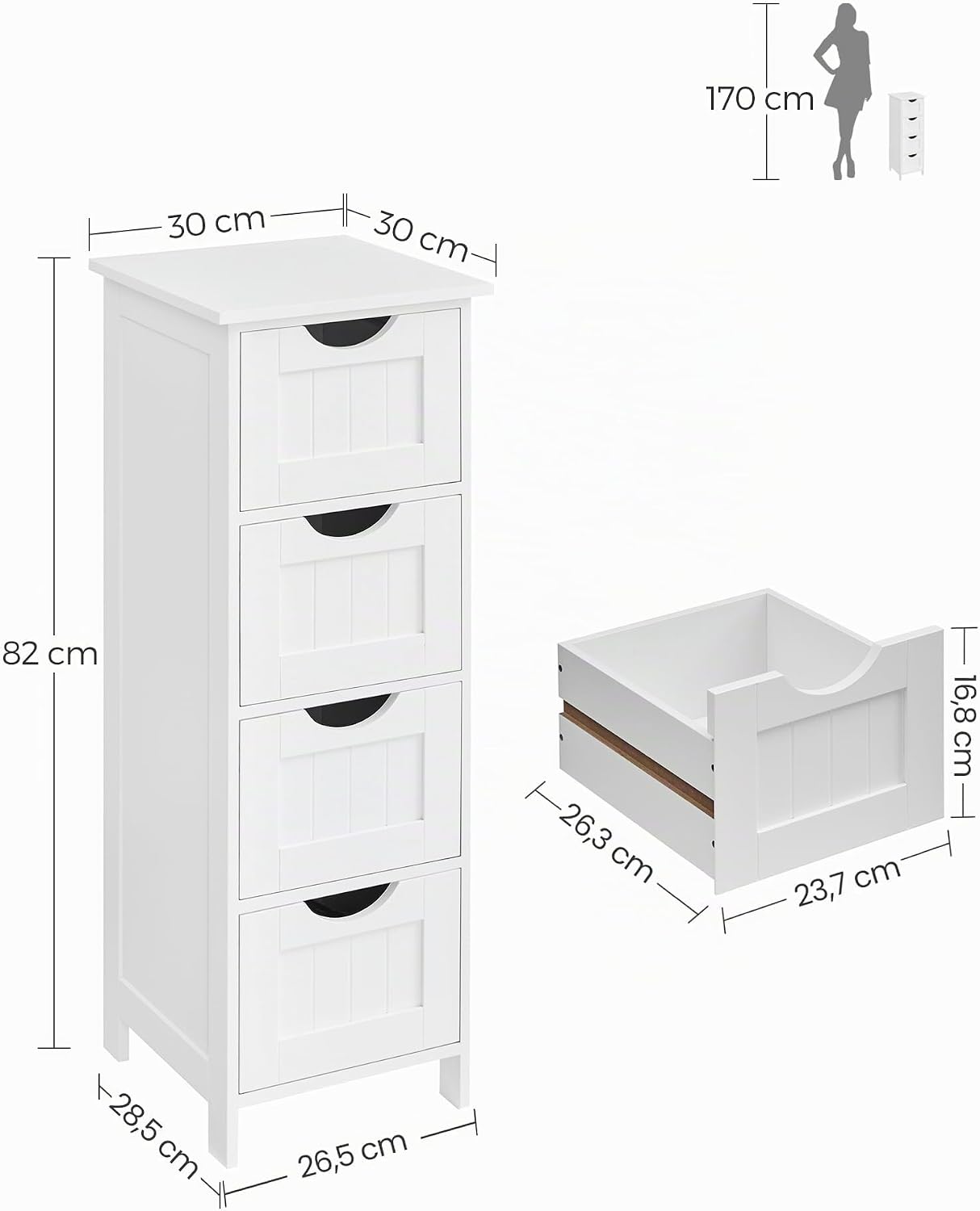 Detalle de VASAGLE Mobile da Bagno con 4 Cassetti, Cassettiera Autoportante Bianco LHC40W – 30 x 30 x 82 cm