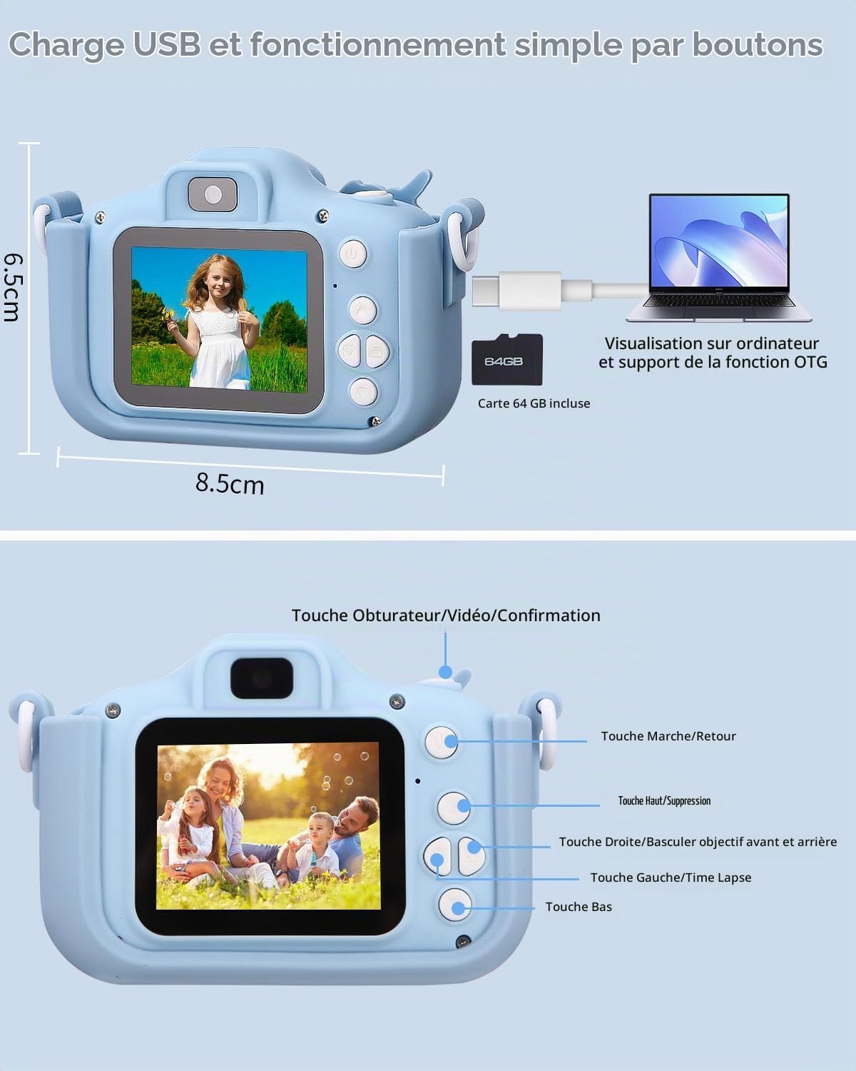 Thumbnail 6 de Azyvum kindercamera met 1080p-video, dubbele lens en 64 GB-kaart