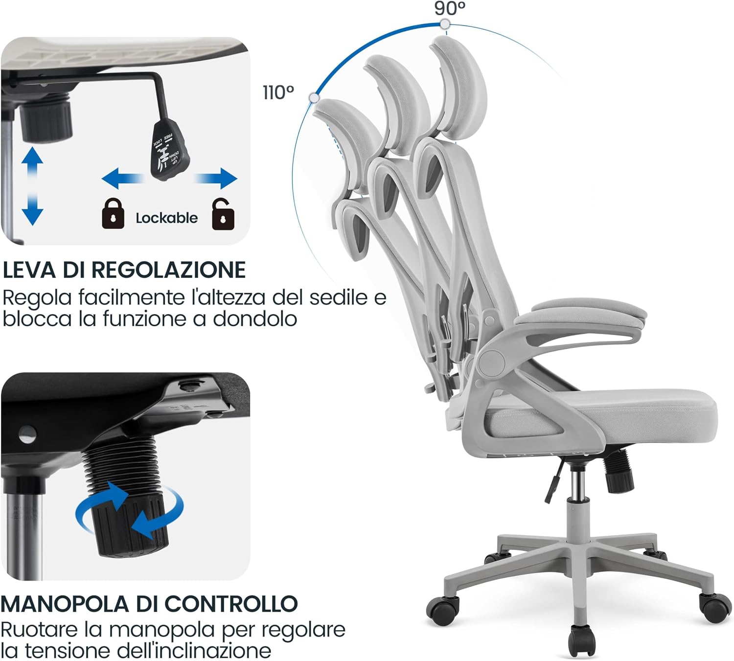 Thumbnail 4 de Yaheetech Sedia Ufficio Ergonomica con Poggiatesta Regolabile e Braccioli Pieghevoli