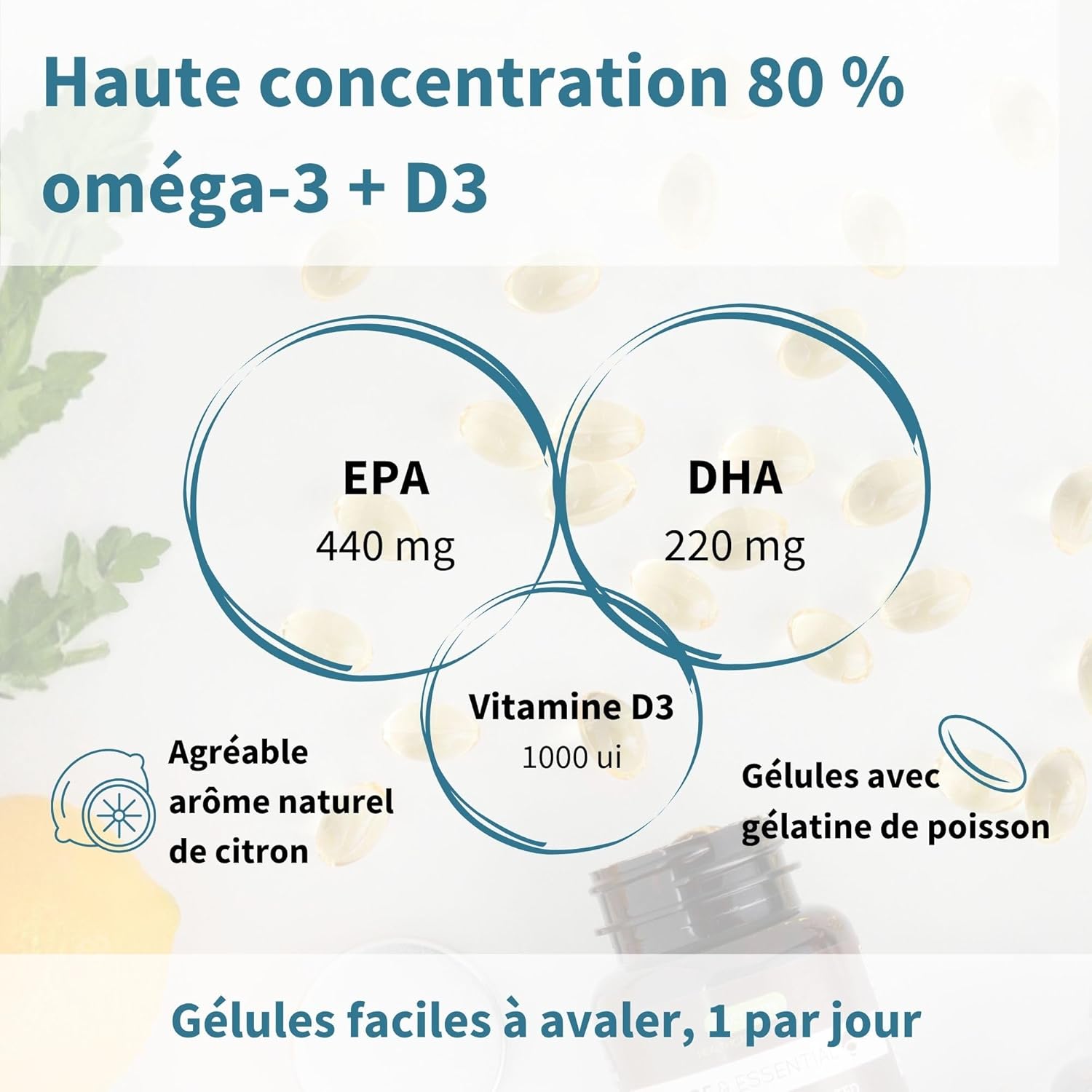 Detalle de Igennus Haute Concentration Omega 3 Huile De Poisson Sauvage & D3 – 660 mg EPA/DHA, 60 doses, arôme citron