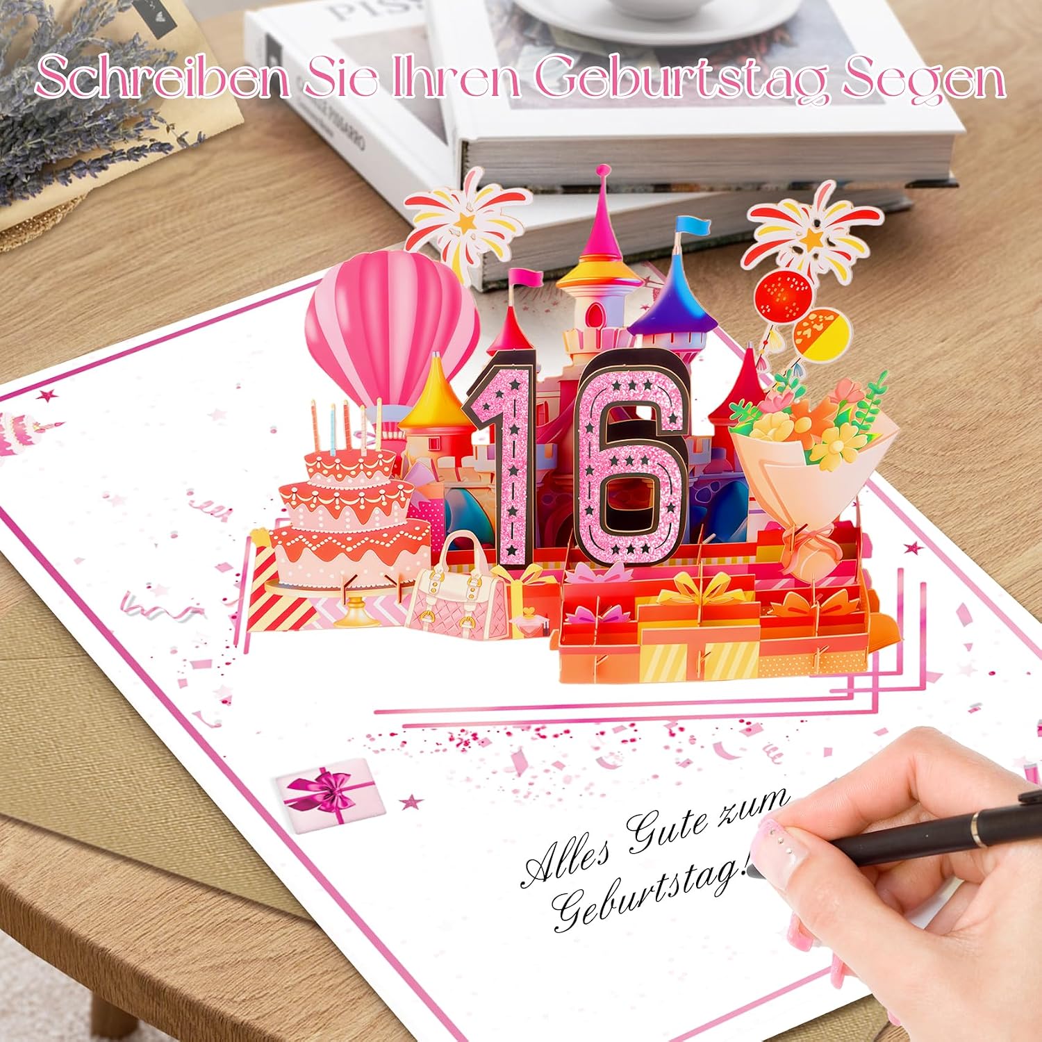 Detalle de OLOSONG Geburtstagskarte zum 16. Geburtstag – 3D Pop-up Karte mit „16“, Roségold-Optik, Umschlag