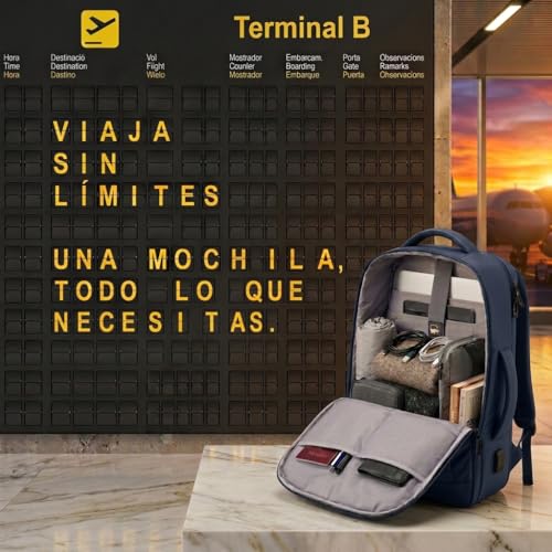 Detalle de EDIESI Mochila de Cabina 40x30x20 cm: Expandible, impermeable y con puerto USB para portátil 15,6” — Azul Marino