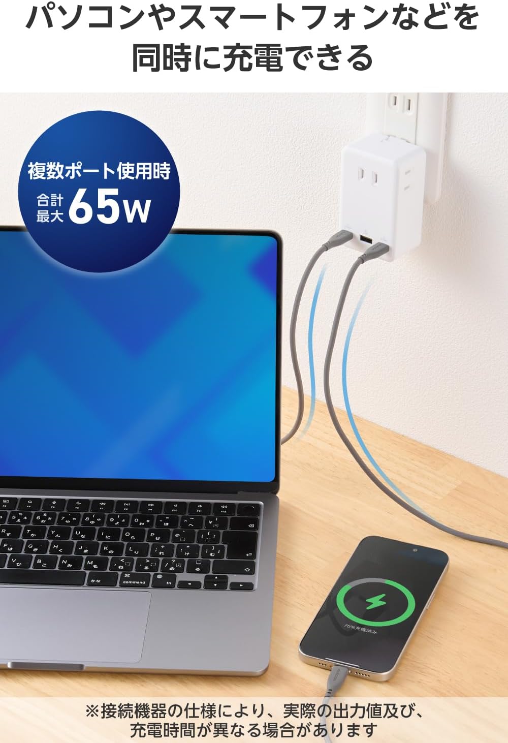Detalle de エレコム ECT-43-3AC2WH USB付き電源タップ USB-C×2・USB-A×1、AC差込口3口、PD対応