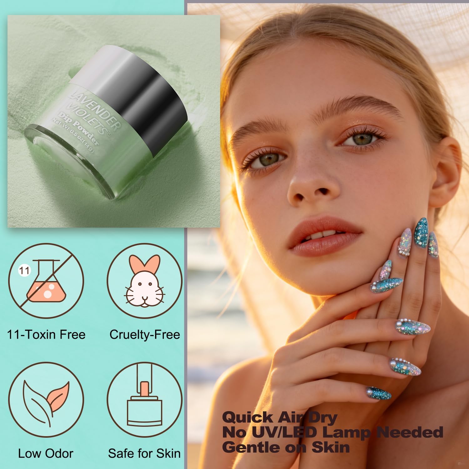 Thumbnail 3 de 15 Pcs Dip Powder Nail Kit Summer Outing Manicur Set – Icy Blue, Mint Green & Silver Glitter