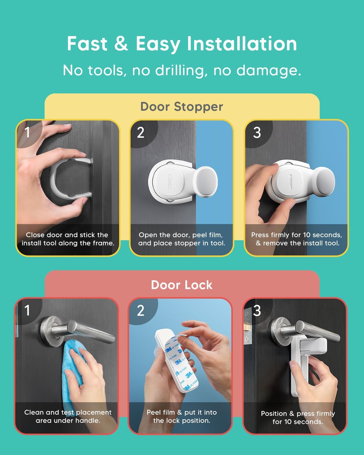 Detalle de AYCORN Door Lock Without Drilling Set – 2x Door Lever Locks & 2x Door Stoppers