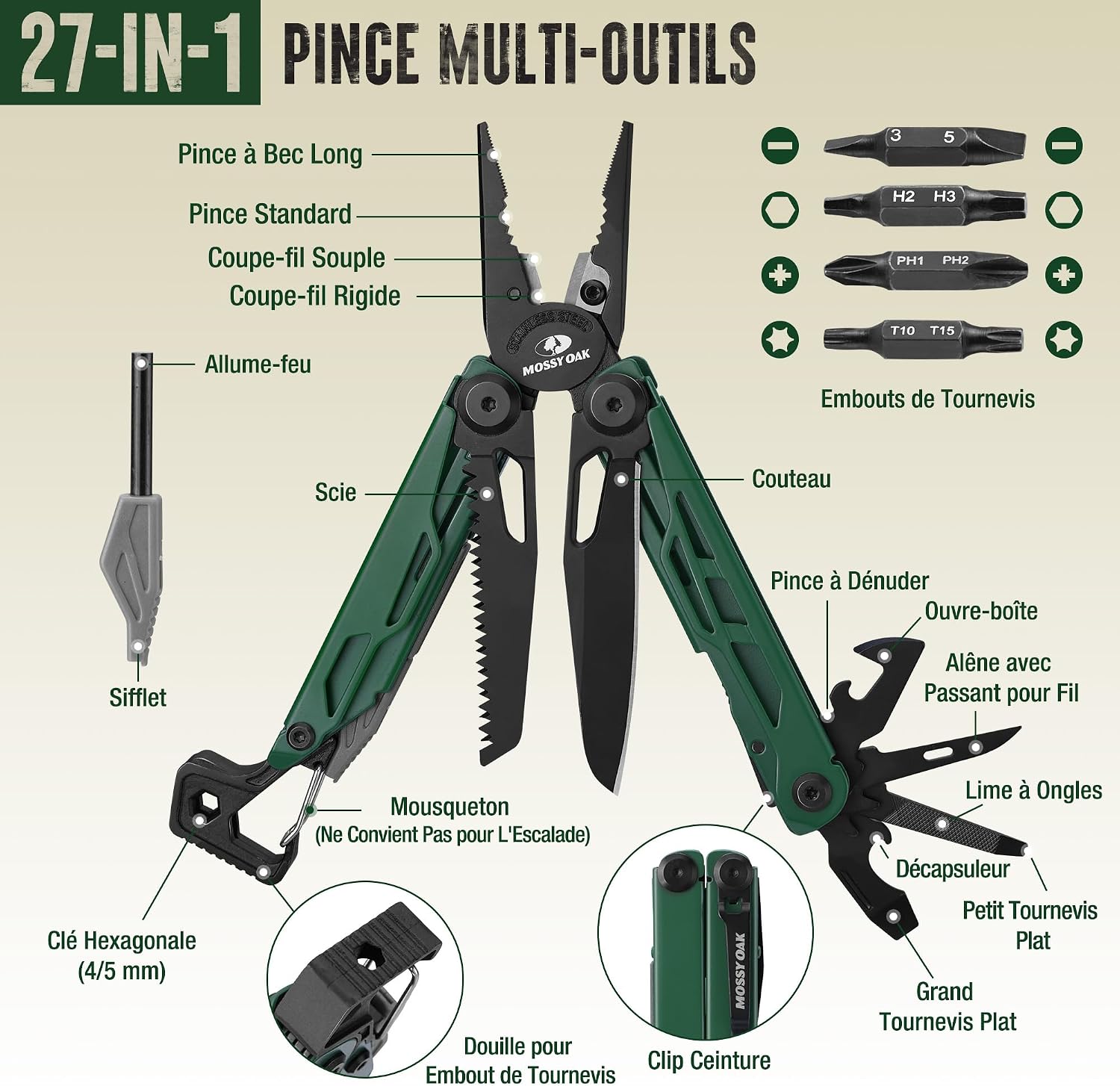 Thumbnail 1 de MOSSY OAK Pince Multifonction 27 en 1 — Acier inoxydable, compact et robuste