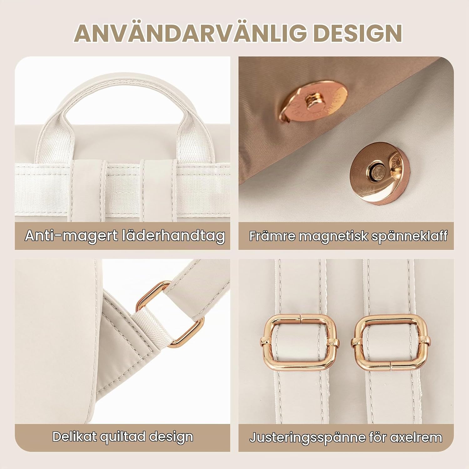 Detalle de LOVEVOOK liten ryggsäck i beige, quiltad, vattentät polyester, 33 cm