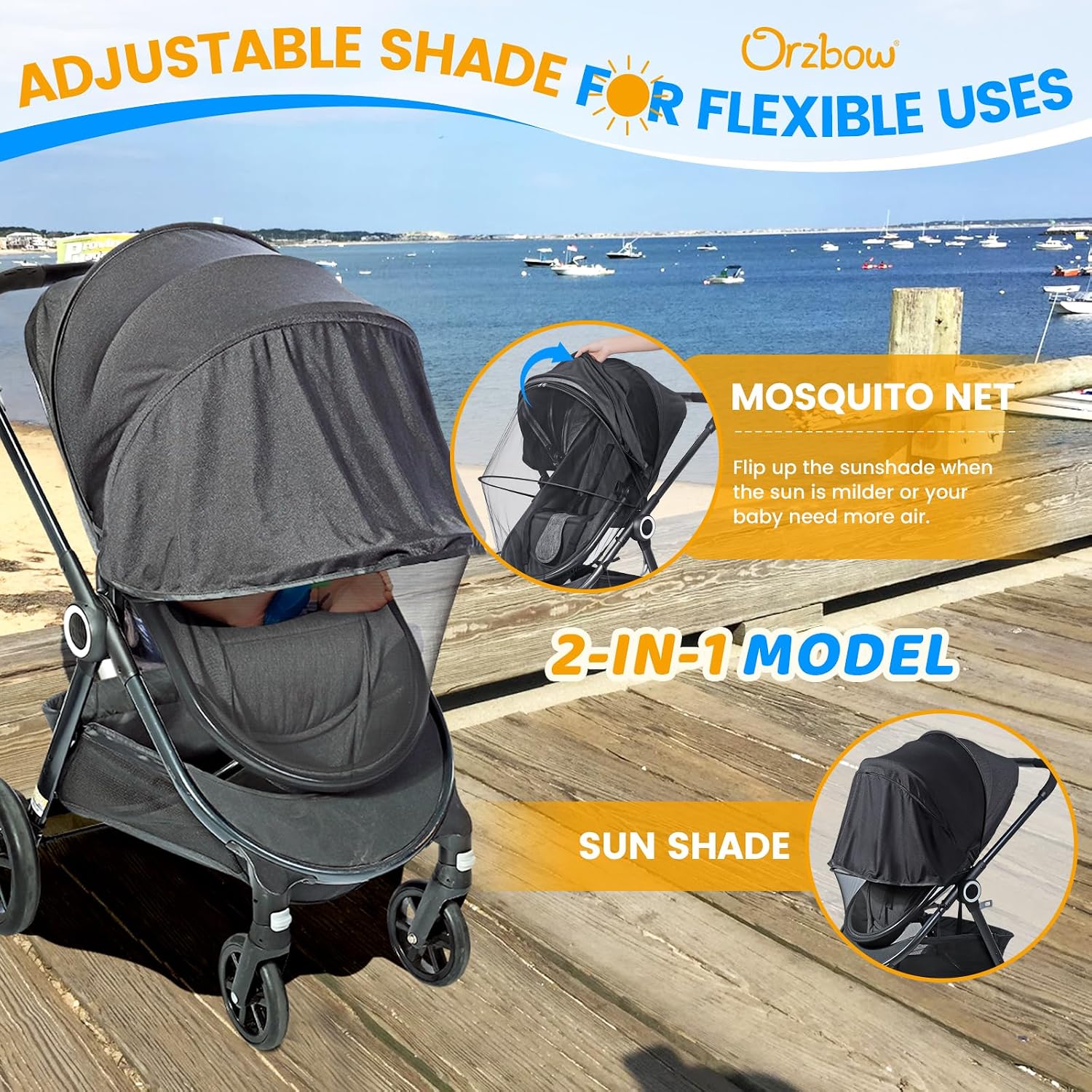 Detalle de Orzbow Universal Mosquito Net for Pram (Black) with UPF 50+ Sunshade & Two-Way Zipper