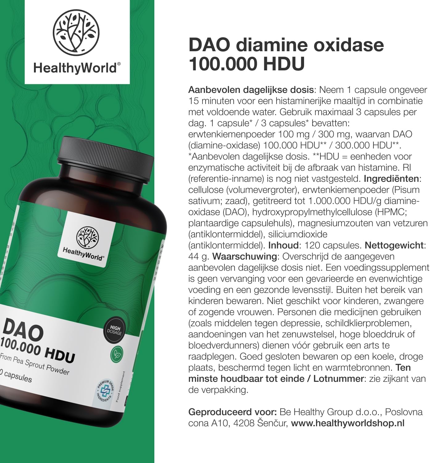 Detalle 2 de HealthyWorld DAO Diamine Oxidase-capsules, 100.000 HDU, vegan, 120 stuks