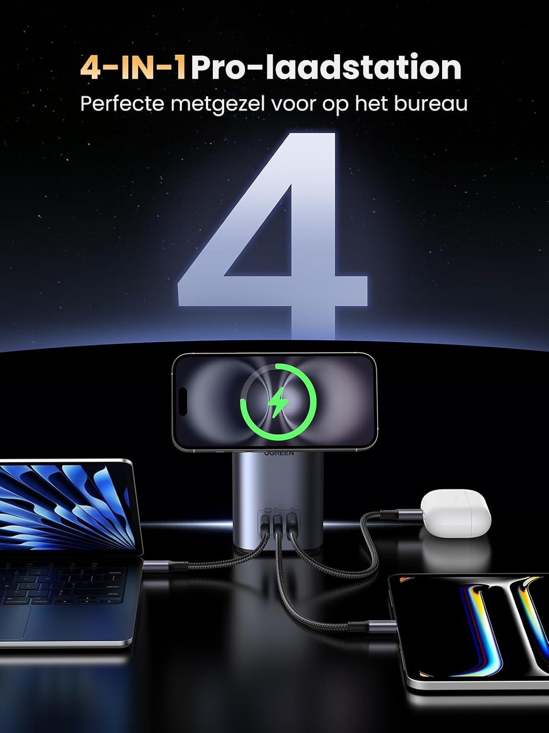 Detalle 2 de UGREEN Nexode 65W laadstation met Qi2 15W, magnetische pad en standaard