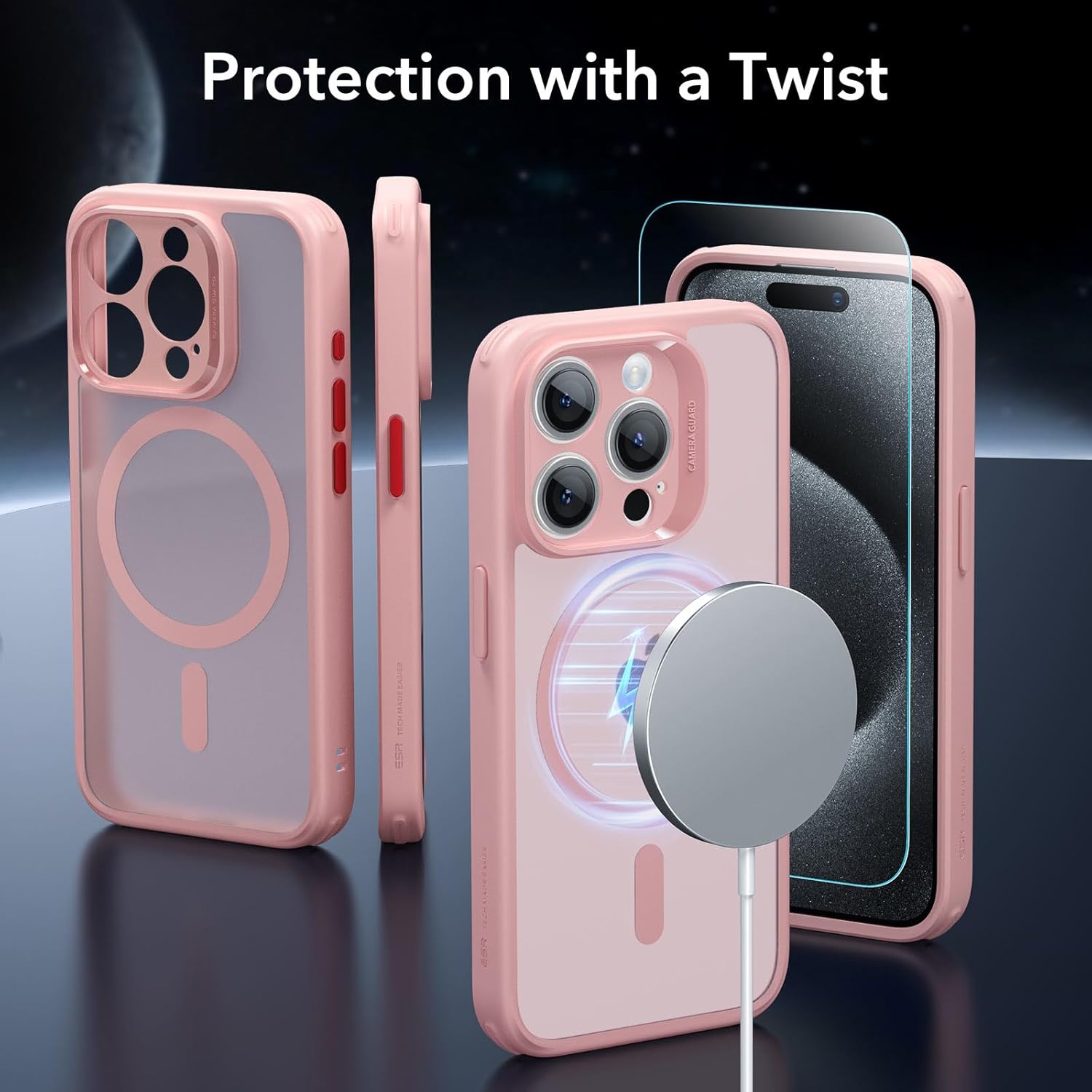 Detalle de ESR Set di Cover per iPhone 15 Pro (5 in 1) – rosa, protezione completa e MagSafe