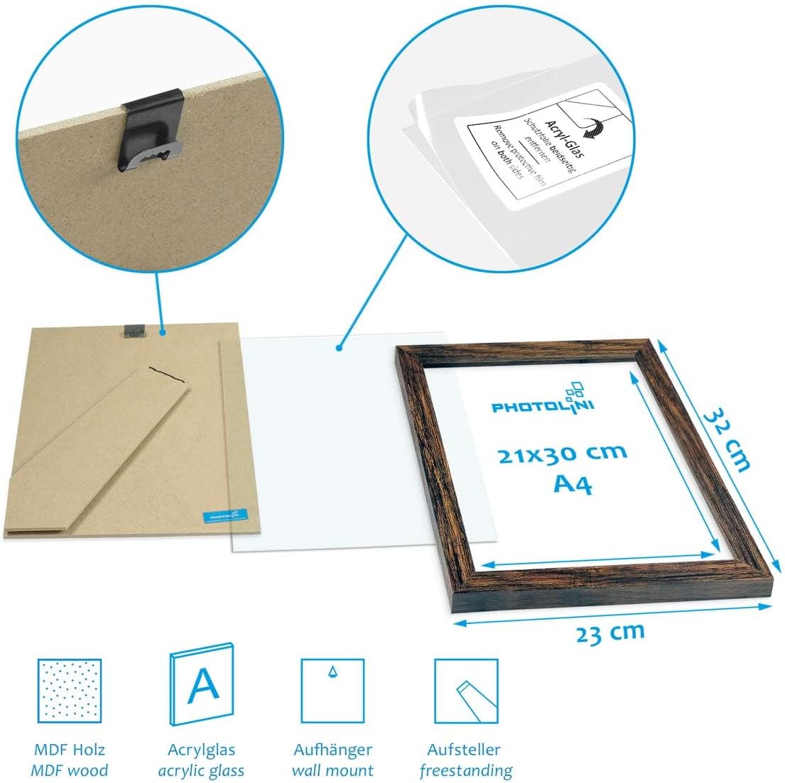 Thumbnail 4 de PHOTOLINI A4 Bilderrahmen aus MDF/Eiche dunkel (21x30 cm, Acrylglas) zum Aufhängen oder Aufstellen